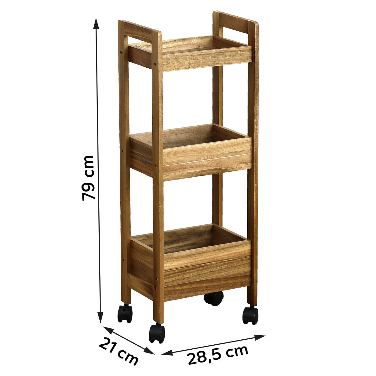 Acacia & MDF Rolling Furniture with 3 Shelves - Mobile Storage Cabinet for Living Room, Bedroom, or Office Organization