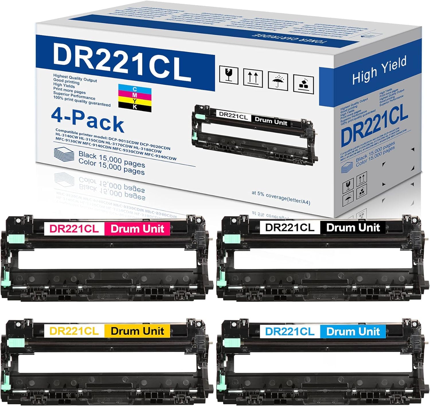 4 Pack Brother DR-221CL Drum Unit Replacement Kit (1BK+1C+1Y+1M) - Compatible with HL-3140CW, HL-3170CDW, HL-3180CDW, MFC-9130CW, MFC-9330CDW, MFC-9340CDW Printers - Ideal for Office & Home Printing Needs