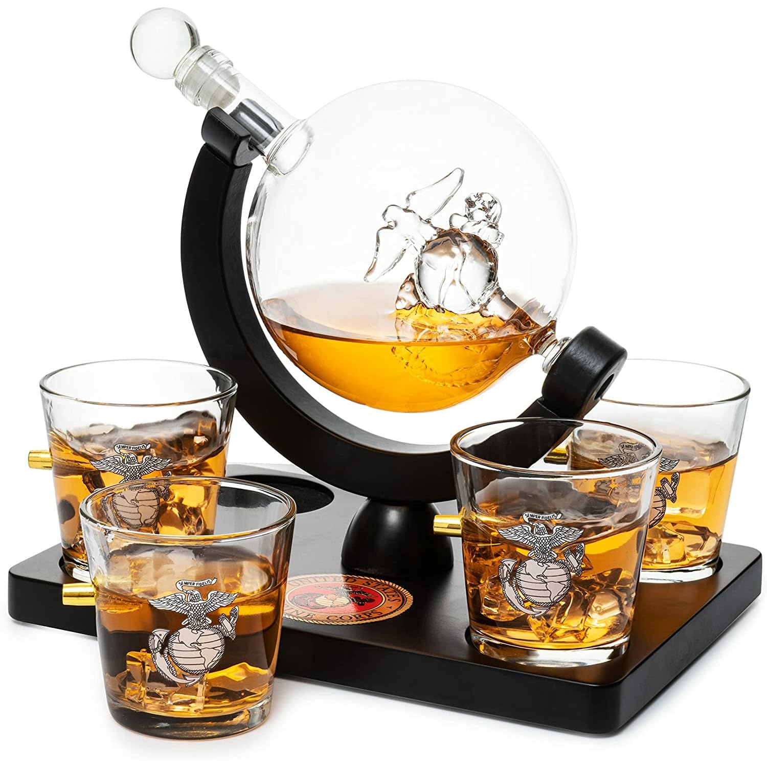 Premium U.S. Marine Globe Whiskey Decanter Set with 4 Crystal Glasses - Veteran Gift Box with Mahogany Wood Base & Military Emblem - Bourbon Scotch Decanter Gift for Men, Dad, Husband - Patriotic USA Flag Design (29oz) - Perfect for Home Bars, Man Caves, Military Appreciation Gifts & Special Occasions