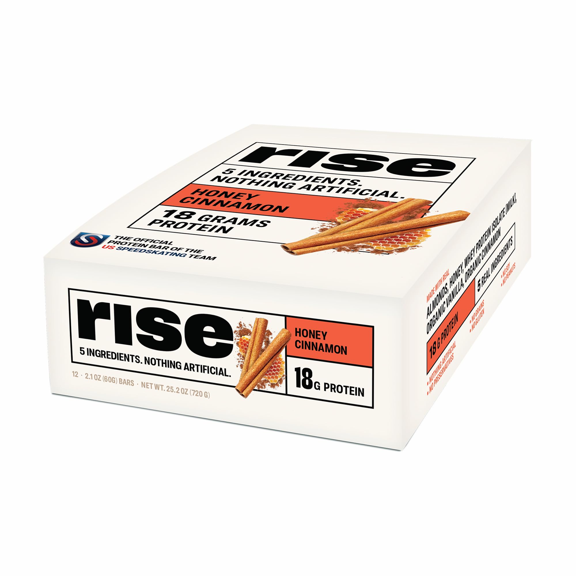 Rise Whey Protein Bars - Honey Cinnamon Flavor | High Protein Snack Bar with 18g Protein & 4g Fiber | 5 Whole Food Ingredients | Gluten-Free, Soy-Free | Perfect for Breakfast, Post-Workout & On-the-Go Energy