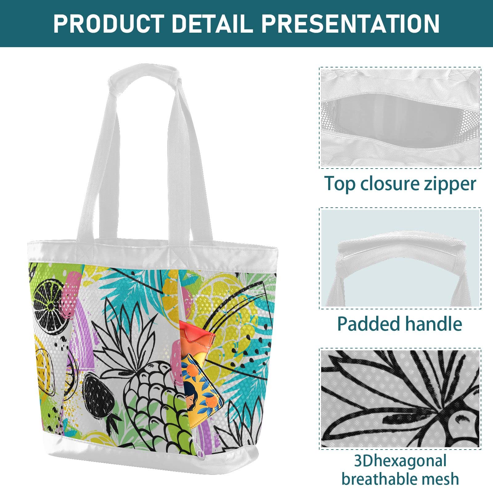 J JOYSAY Large Mesh Beach Tote Bag with Pineapple Design - Water Resistant Gym & Beach Bag for Women | Perfect for Pool Parties, Vacation Travel & Summer Outings