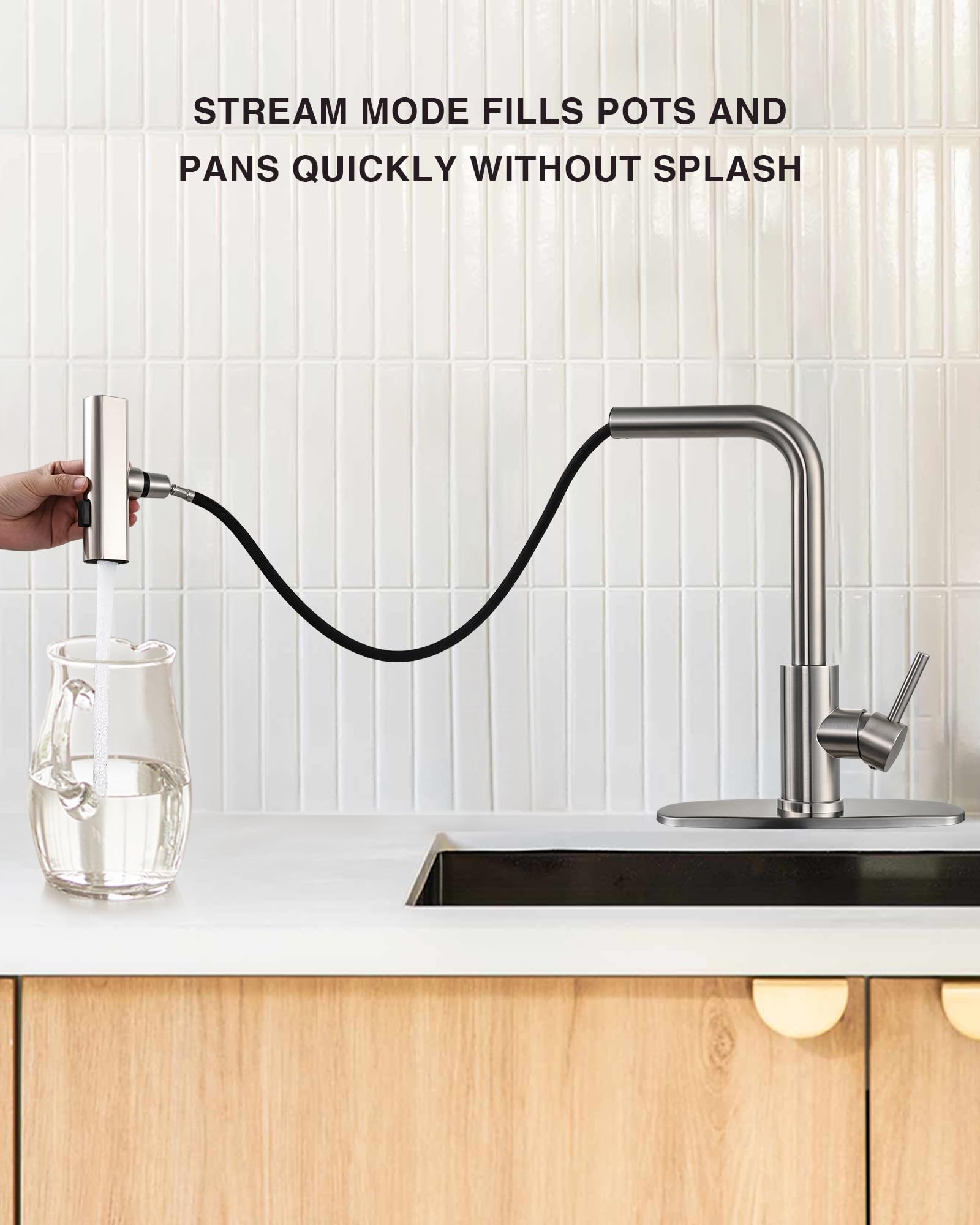 Peppermint Waterfall Kitchen Faucet with Pull Down Sprayer - Single Handle Stainless Steel Sink Faucet - 3 Function Brushed Nickel RV Faucet for Kitchen & RV Use - Perfect for Modern Homes & Campers