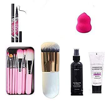 7-Piece Pink Makeup Brush Set for Women & Girls - Soft Bristles with Foundation Brush, Matte Fixer, Primer, 36H Eyeliner & Beauty Blender - Perfect for Everyday Makeup & Travel (Pack of 12)