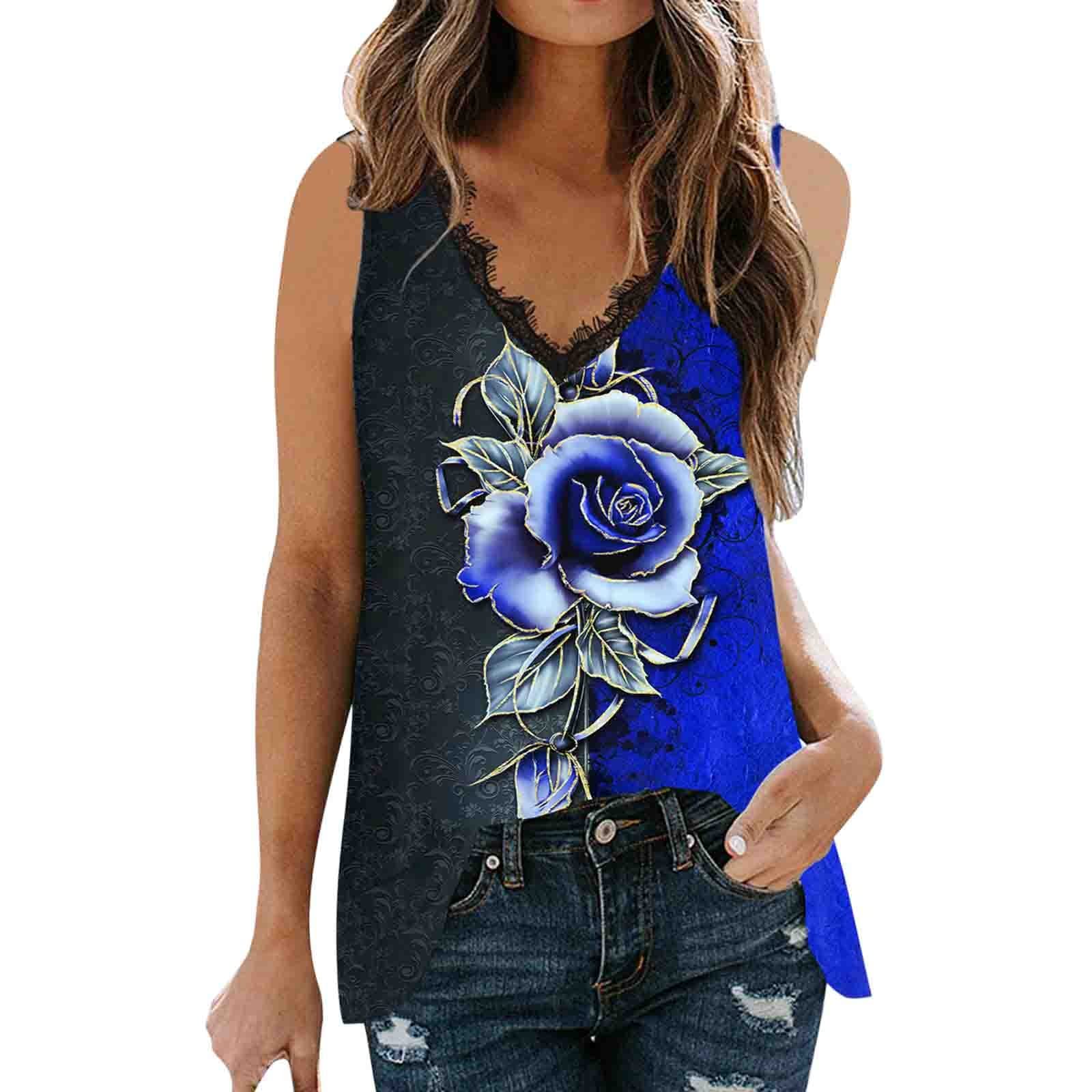 Women's Summer Sleeveless Floral Print V-Neck Lace Tank Top - Casual Vest Blouse in Black - Perfect for Beach, Vacation & Everyday Wear