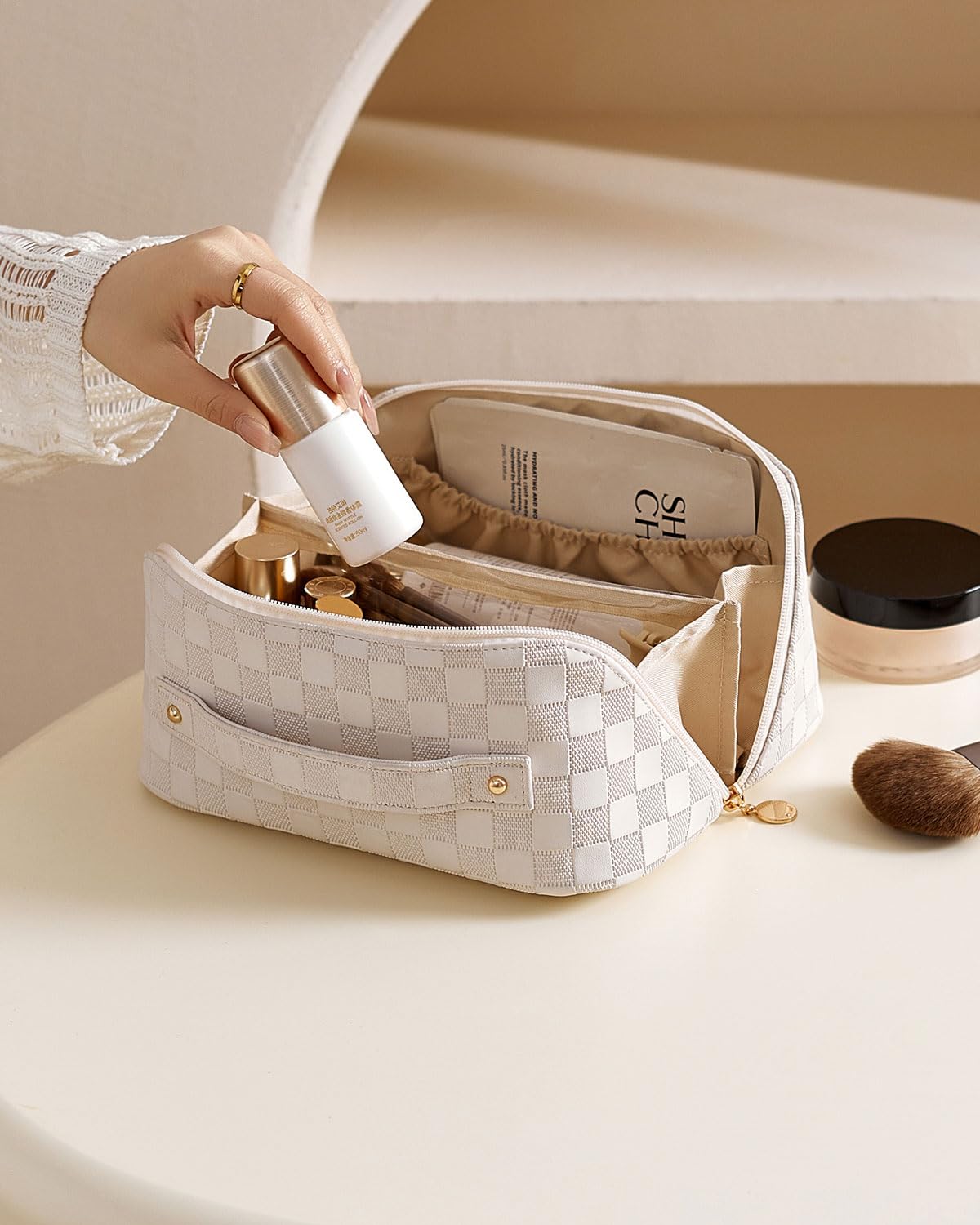 EACHY Large Waterproof Travel Makeup Bag for Women - Portable Cosmetic Organizer with Divider & Handle, Open Flat Toiletry Pouch - Perfect for Air Travel, Gym, Beach & Daily Essentials Storage