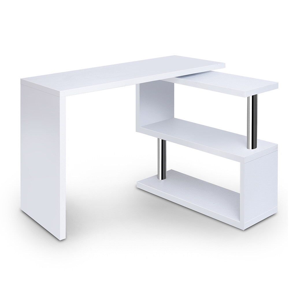 Modern White Rotary Corner Desk with Bookshelf - Space-Saving Home Office Furniture for Small Rooms & Apartments
