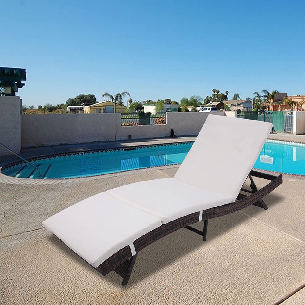 **Brown Rattan Wicker Patio Chaise Lounge Chair - Adjustable Backrest & Removable Cushion - S-Shape Design for Poolside, Backyard, Porch & Outdoor Relaxation**