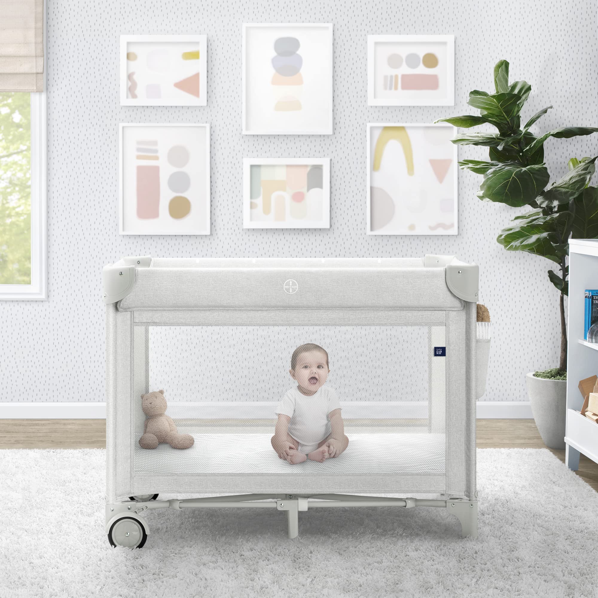 Delta Children Gap babyGap Whisper Bedside Bassinet Sleeper with Breathable Mesh & Adjustable Height - Gap babyGap Deluxe Play Yard in Grey Stripes - Perfect for Newborns, Nursery & Travel Use