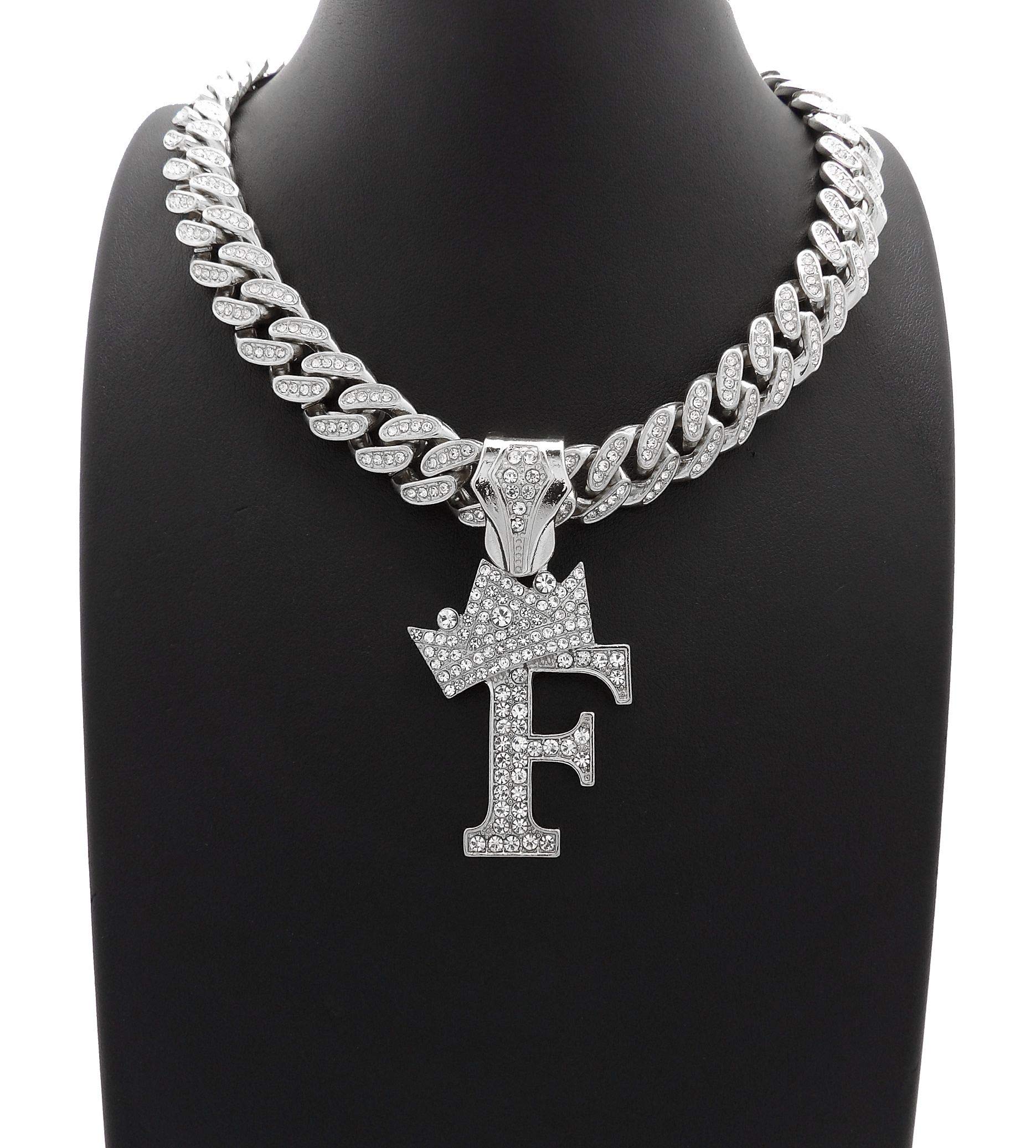 NYFASHION101 Iced Out Miami Cuban Chain Necklace with 12mm Stone Stud Crowned Initial Pendant - Perfect for Hip Hop Jewelry, Men's Bling Accessories & Streetwear Fashion