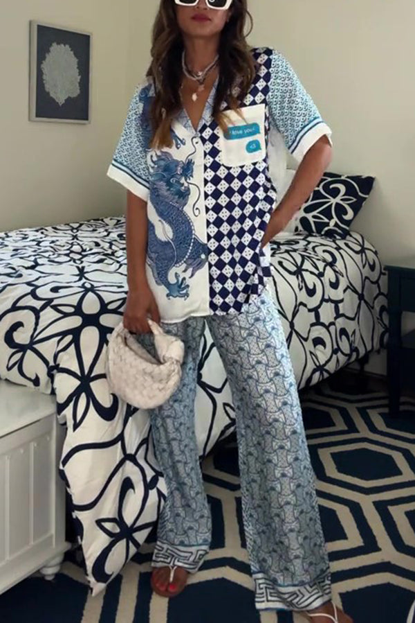 Stylish Dragon Print Short Sleeve Silk Satin Top & Elastic Waist Pocket Pants Set - Loose Fit Asian Inspired Outfit for Women | Perfect for Casual Wear, Yoga, Lounge & Festival Fashion