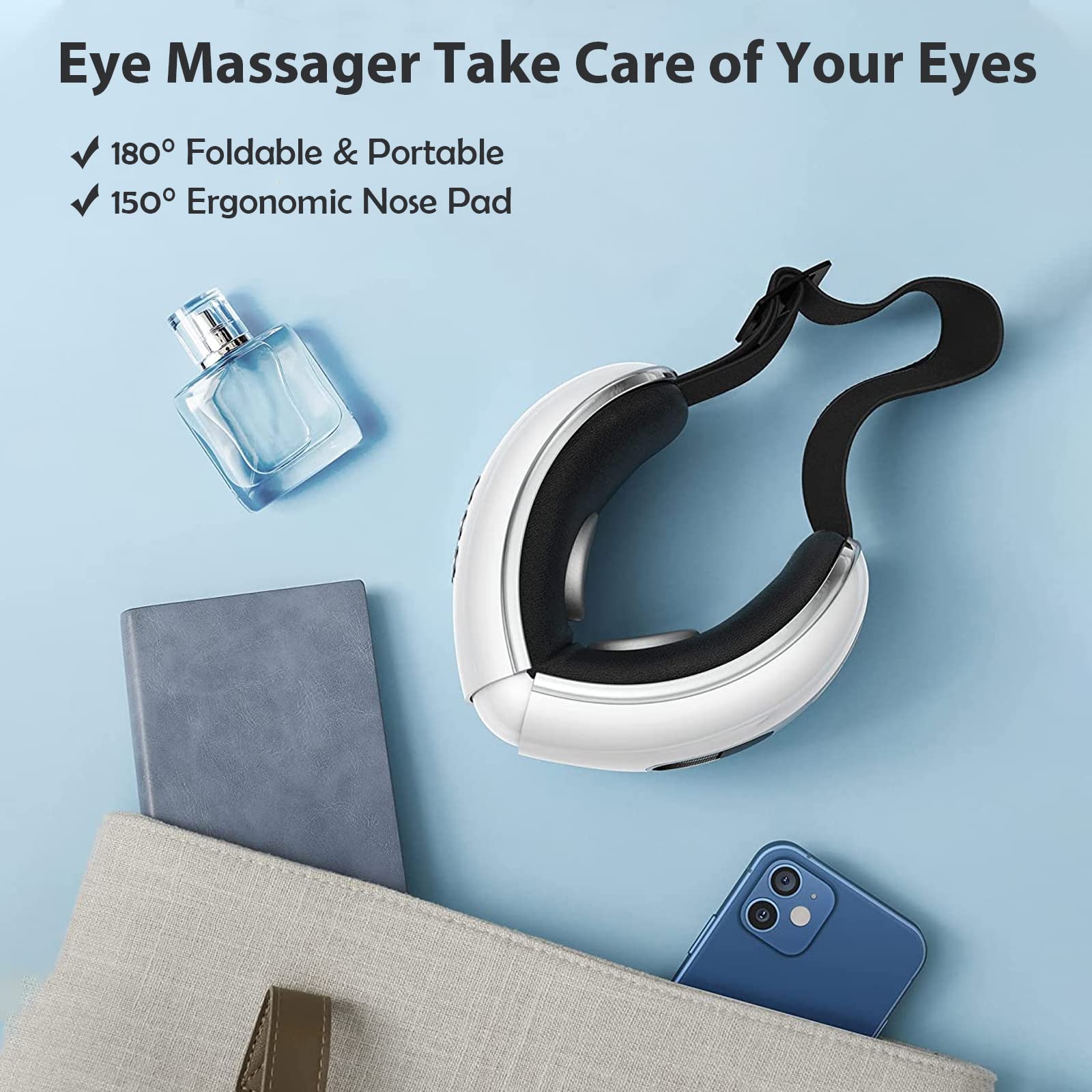 Rechargeable Bluetooth Eye Massager with Heat & Cooling Therapy for Migraine Relief, Dry Eyes, Dark Circles | Sleep Aid with Music | Perfect Gift for Women & Men (White) | Use for Home Relaxation, Office Stress Relief & Travel Comfort