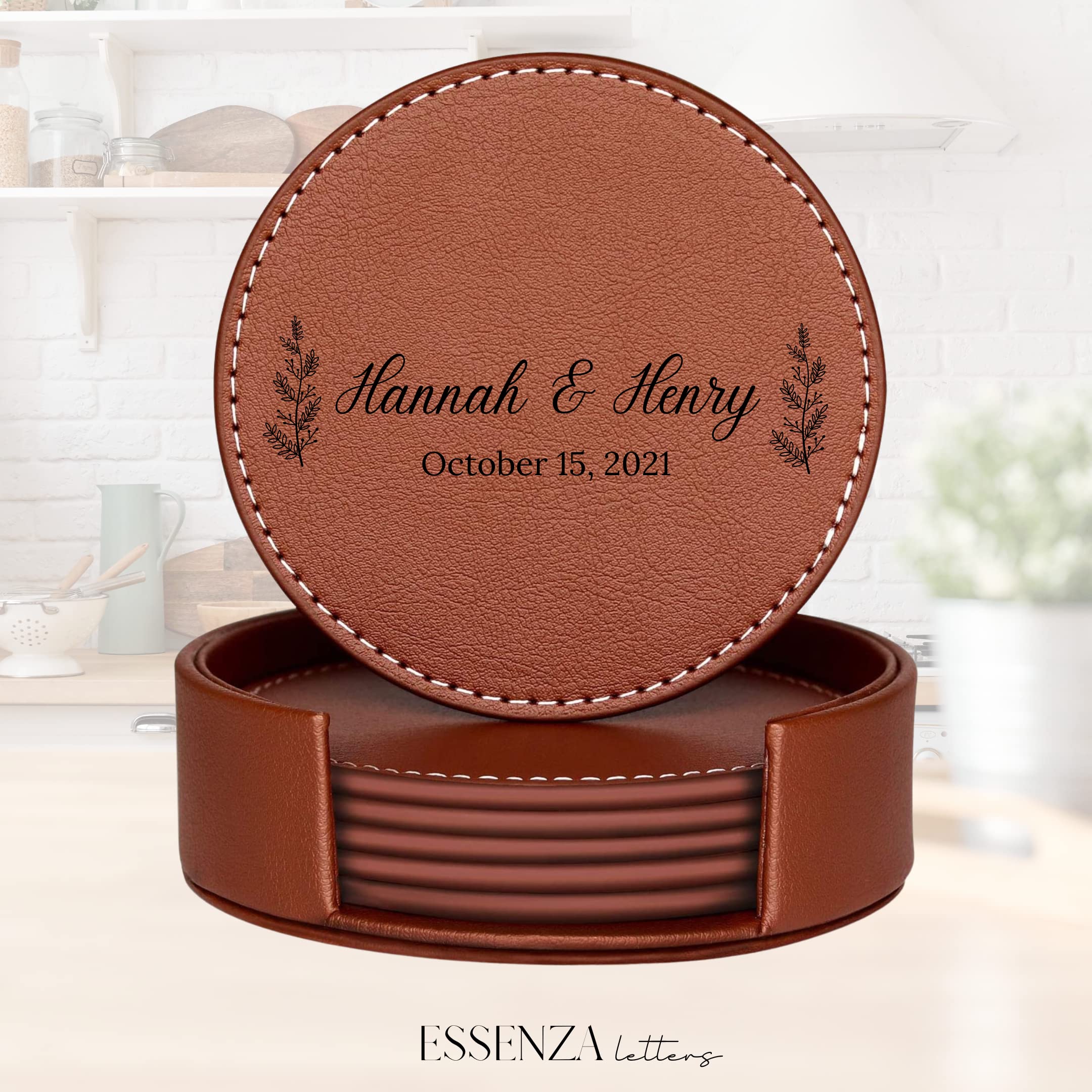 Set of 6 Personalized Engraved Leather Coasters with Holder | Handmade in USA | Custom Wedding, Anniversary & Housewarming Gifts | Perfect for Home Bar, Office Desk & Dinner Parties