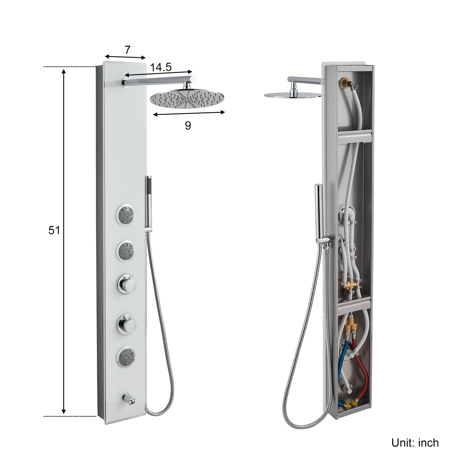 Premium White Glass Shower Panel Tower System - 304 Stainless Steel & Glass 4-in-1 Shower Tower with 9