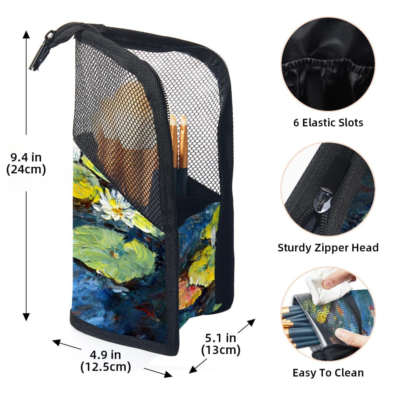 12 Pcs Makeup Brush Organizer Bag with Water Lily Lotus Oil Painting Design - Portable Travel Cosmetic Brush Holder Case for Professional Makeup Artists & Beauty Lovers (Perfect for Travel, Home Storage & Salon Use)