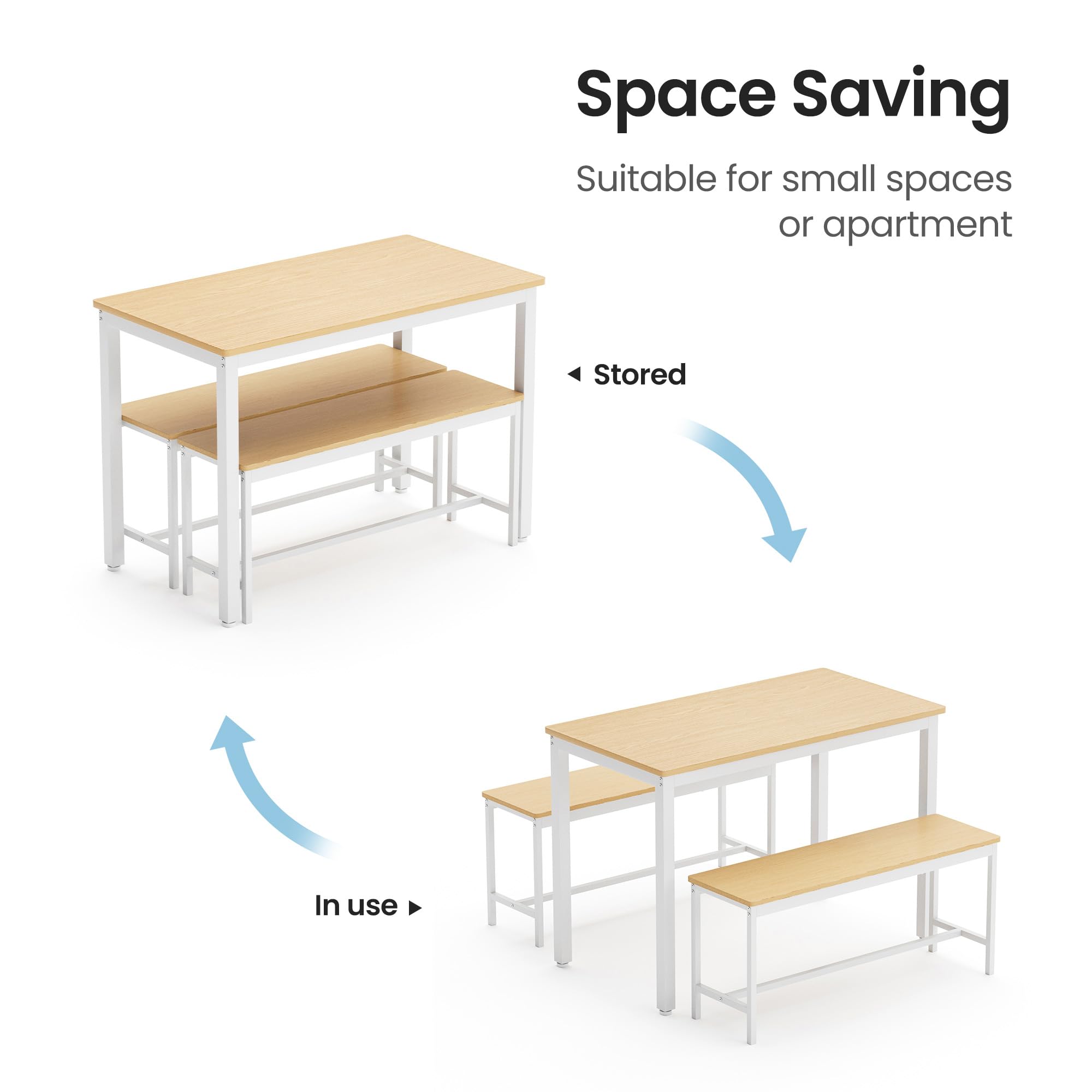 Modern 3-Piece Dining Room Set with Bench - Rectangular Table & Chairs for 4, Metal & Wood Design (Wood Top/White Legs) - Perfect for Small Spaces, Apartments & Cozy Kitchens