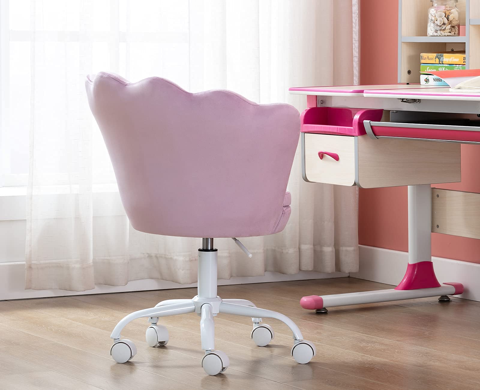 Velvet Kids Desk Chair with Seashell Back - Adjustable Swivel Study Chair for Teens, Children's Computer Homework & Vanity - Purple Accent Armchair for Living Room, Bedroom & Study Area