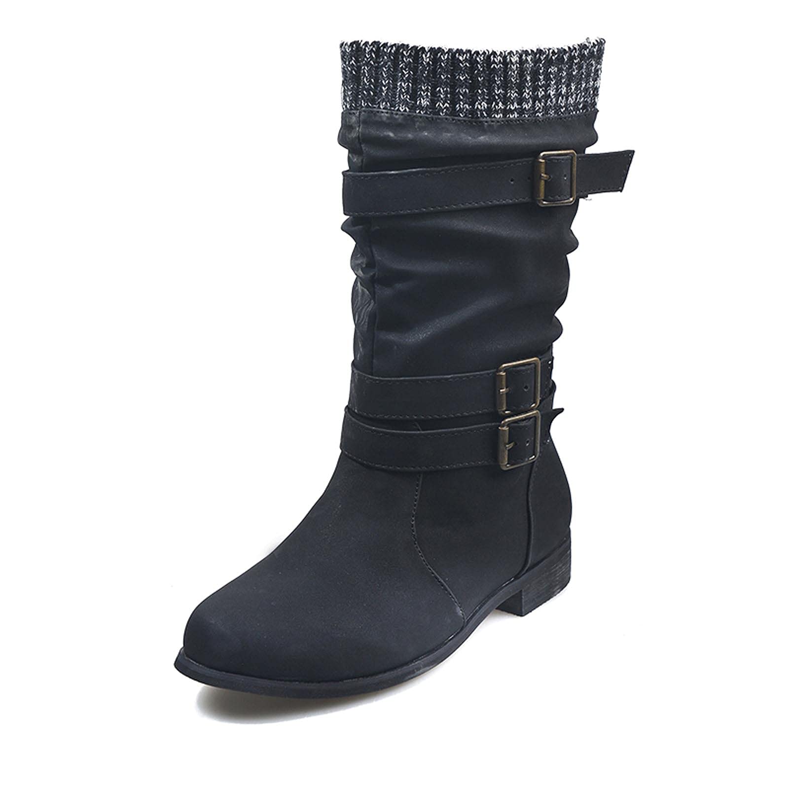 oiangi Women's Winter Fashion Boots - Round Toe Buckle Strap Chunky Heel Slip-On Mid Calf Boots - Retro Comfortable Casual Ladies Shoes for Daily Wear, Office & Outings