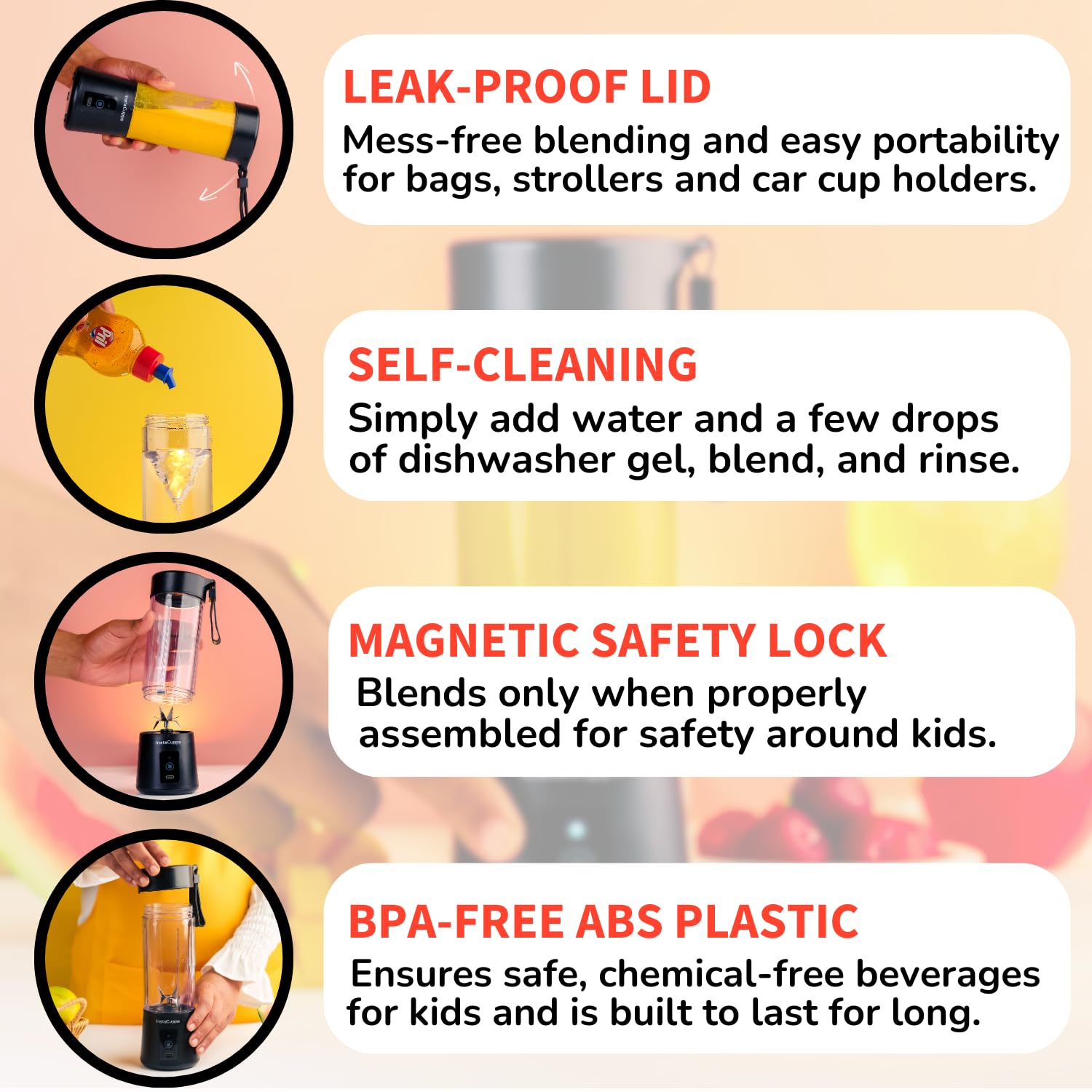 InstaCuppa Portable Blender - 400ML USB Rechargeable Smoothie Maker with 2000mAh Battery & 150W Motor for Juices, Shakes, Ice Crushing - Compact Personal Blender for Home, Office, Gym & Travel