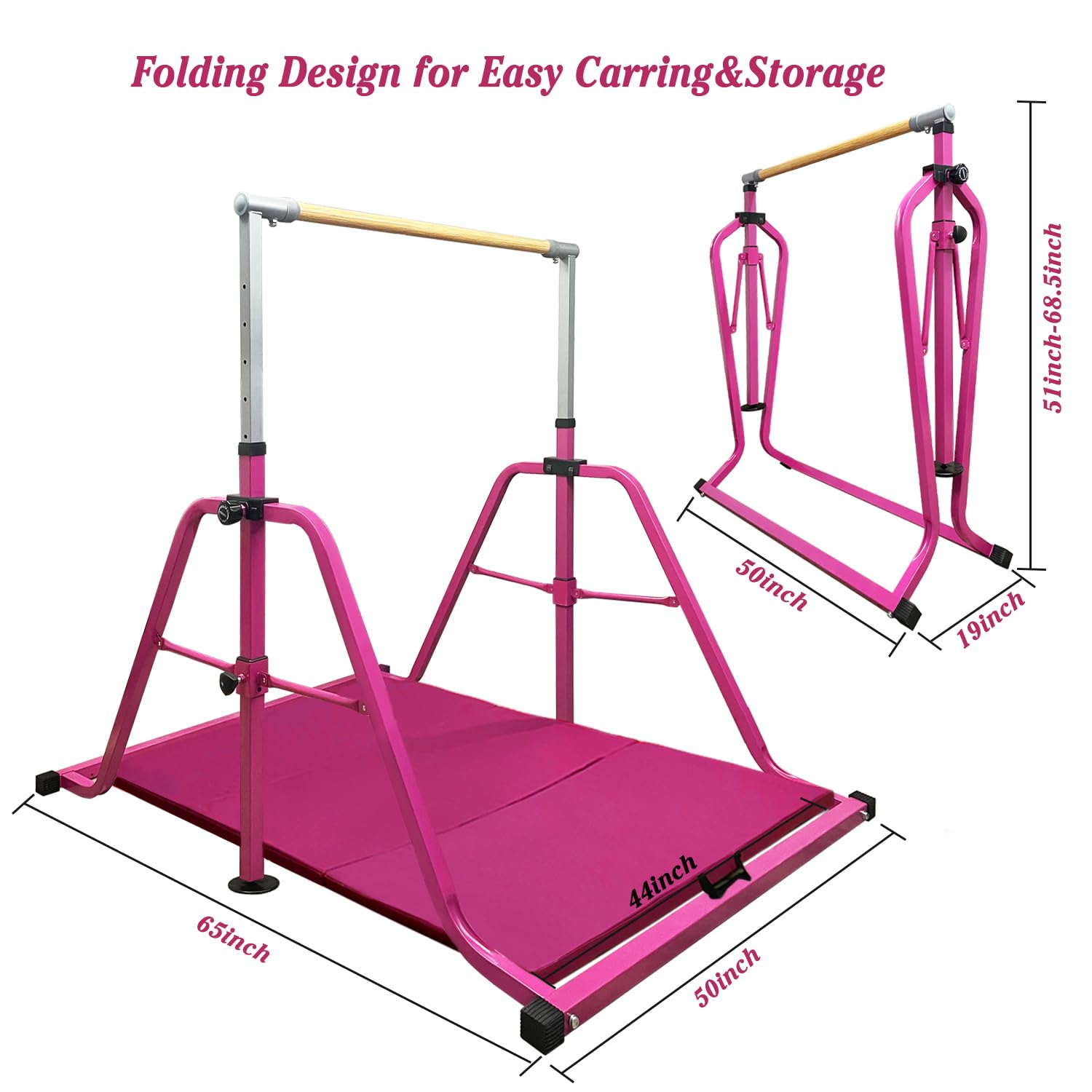 Adjustable Gymnastics Bar for Kids with Rings Set - 7 Height Levels, Foldable Monkey Bars for Home Training, Max Load 300LBS - Perfect for Indoor Playroom & Backyard Fitness