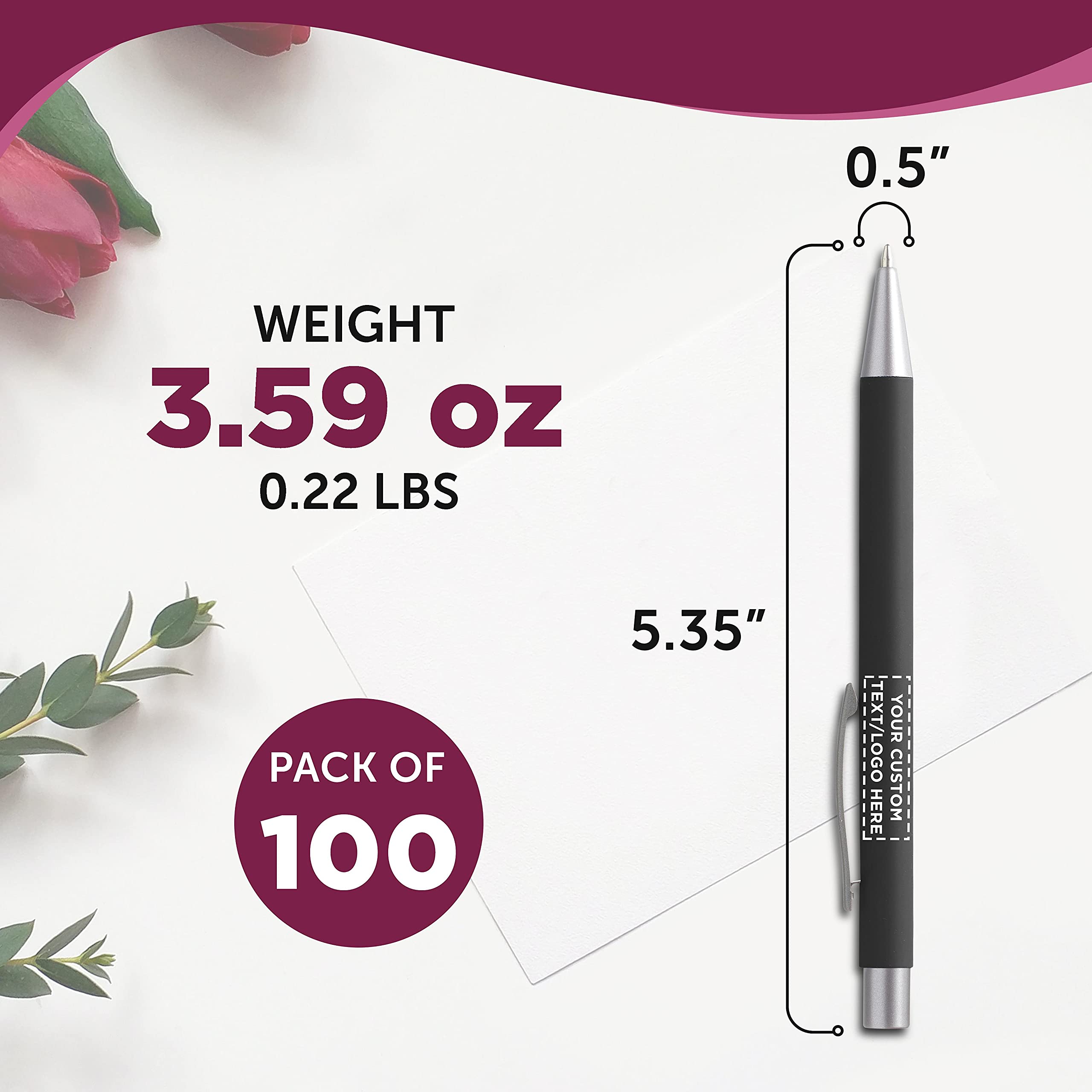 100 Pack Cordova Rubber Coated Metal Pens - Custom Logo & Text Printing - Smooth Writing Push Action Ballpoint Pens with Black Ink for Office, School & Business Promotions