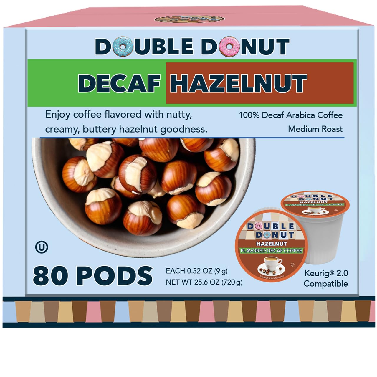 Double Donut Flavored Decaf Coffee Pods for Keurig K-Cup Machines - Medium Roast Decaf Hazelnut Coffee - 80 Count (Pack of 1) - Perfect for Office, Home & Gift Giving