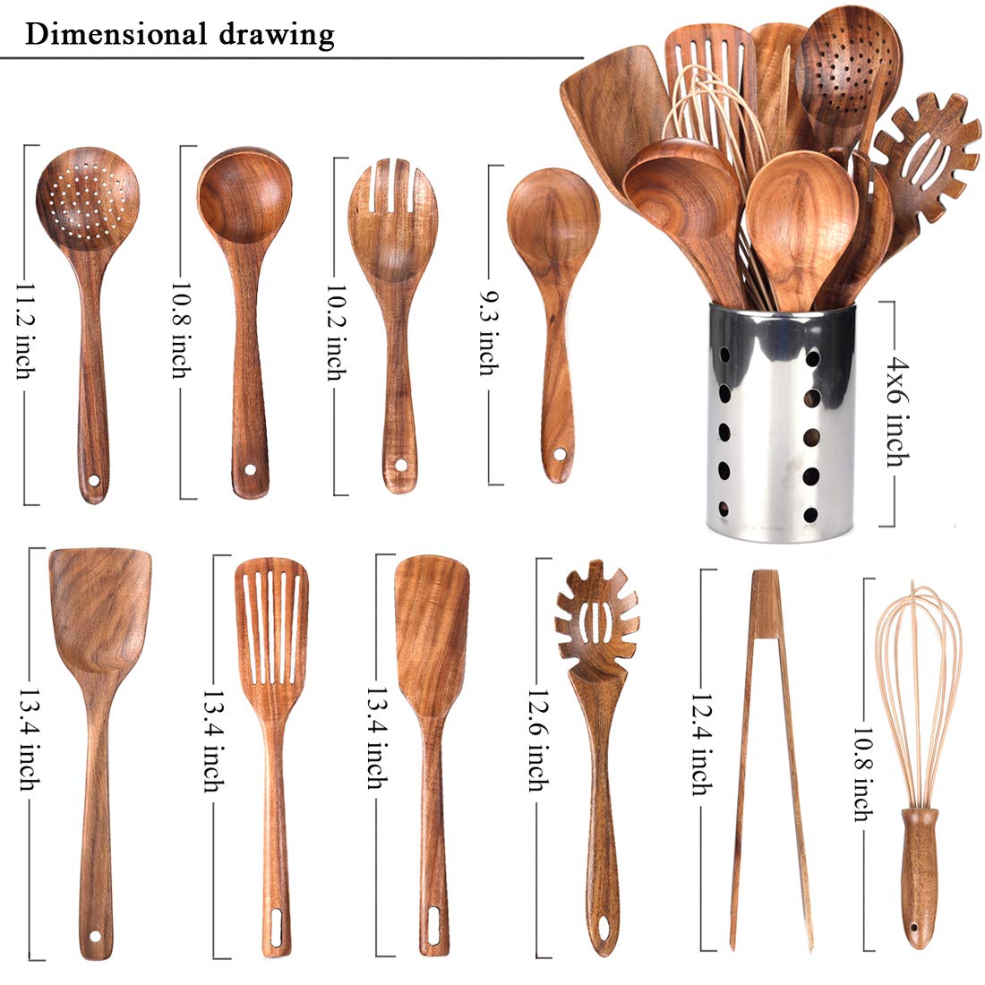 Premium Teak Wood Kitchen Utensil Set with Holder - 11-Piece Natural Wooden Cooking Tools Including Spatula, Ladle & Spoons - Ideal for Sauteing, Baking & Non-Stick Cookware
