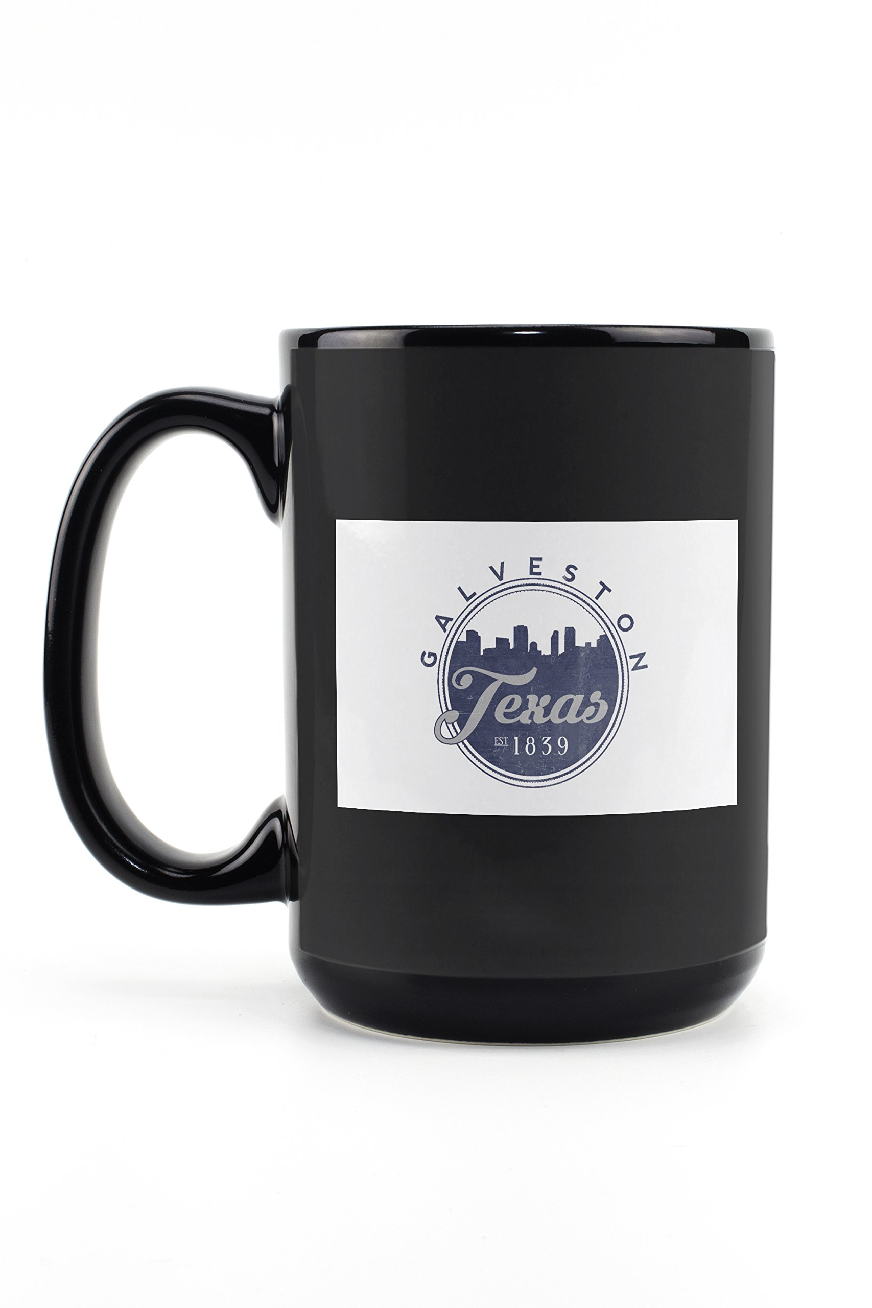 Lantern Press Galveston Texas Skyline Seal Blue 15oz Black Ceramic Coffee Mug - Microwave & Dishwasher Safe - Perfect for Home, Office & Gift Giving