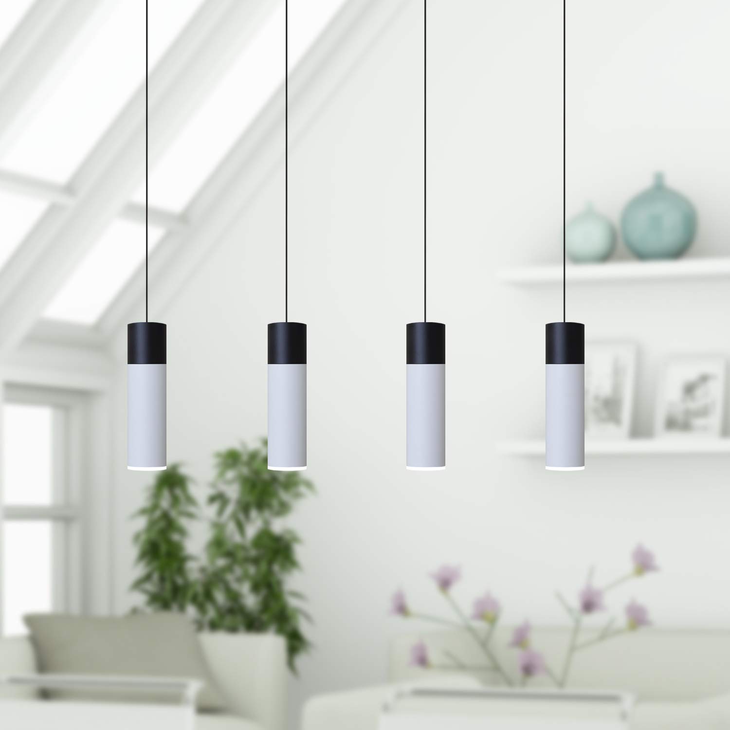 Vela 4 Mini Pendant Lighting Set - Modern Black & White LED Hanging Light Fixture for Kitchen Island, Bar Counter, Dining Room & Foyer - Adjustable Dimmable Cluster Pendants with Included Bulbs - Perfect for Home Decor, Restaurant Lighting & Commercial Spaces