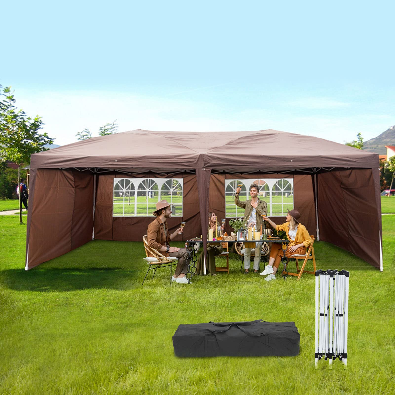 BELANITAS 10x20 FT Pop Up Canopy Tent with 4 Walls - 2 Doors & 2 Windows, Adjustable Height Folding Party Tent for Outdoor Events, Weddings, Picnics & Camping (Brown)