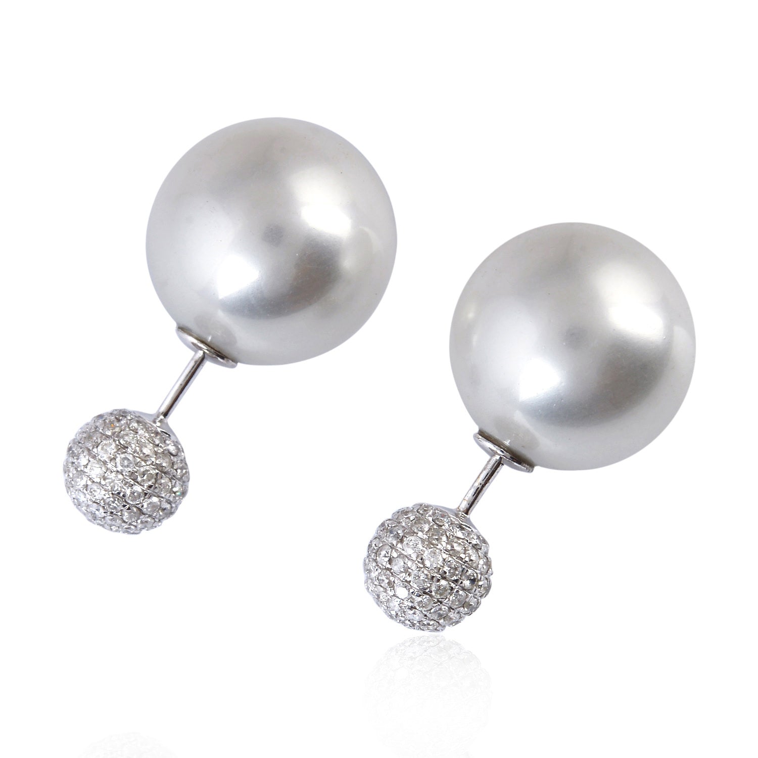 18K White Gold Ball Cut Pearl June Birthstone Pave Diamond Tunnel Earrings for Women - Elegant Bridal, Wedding, Anniversary & Party Jewelry Gift