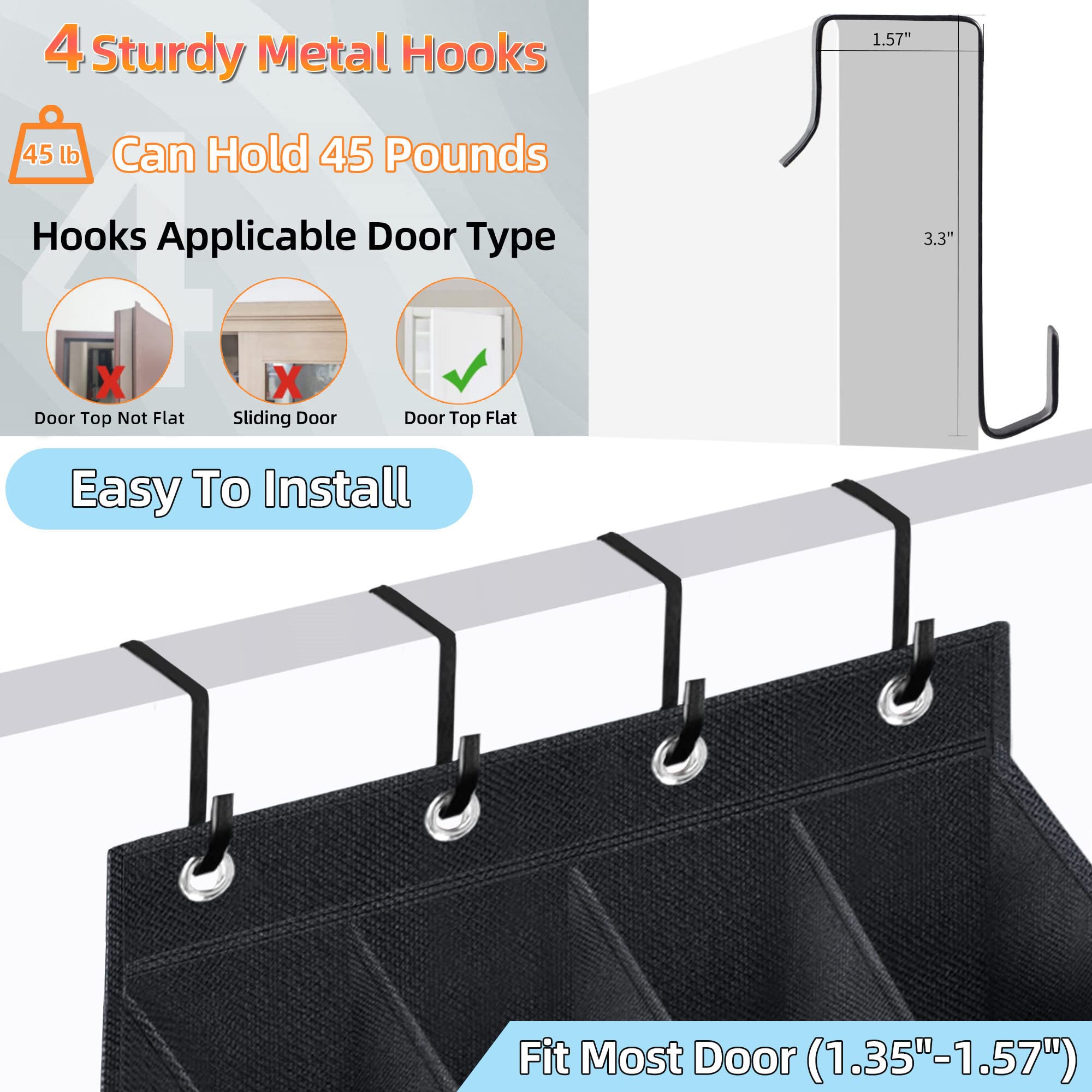 Over The Door Shoe Organizer - 2 Pack Hanging Shoe Rack with Large Deep Pockets for Closet, Dorm & Narrow Doors | Space Saving Black Shoe Holder for Sneakers, Boots & Sandals | Perfect for Bedroom, Entryway & Small Spaces