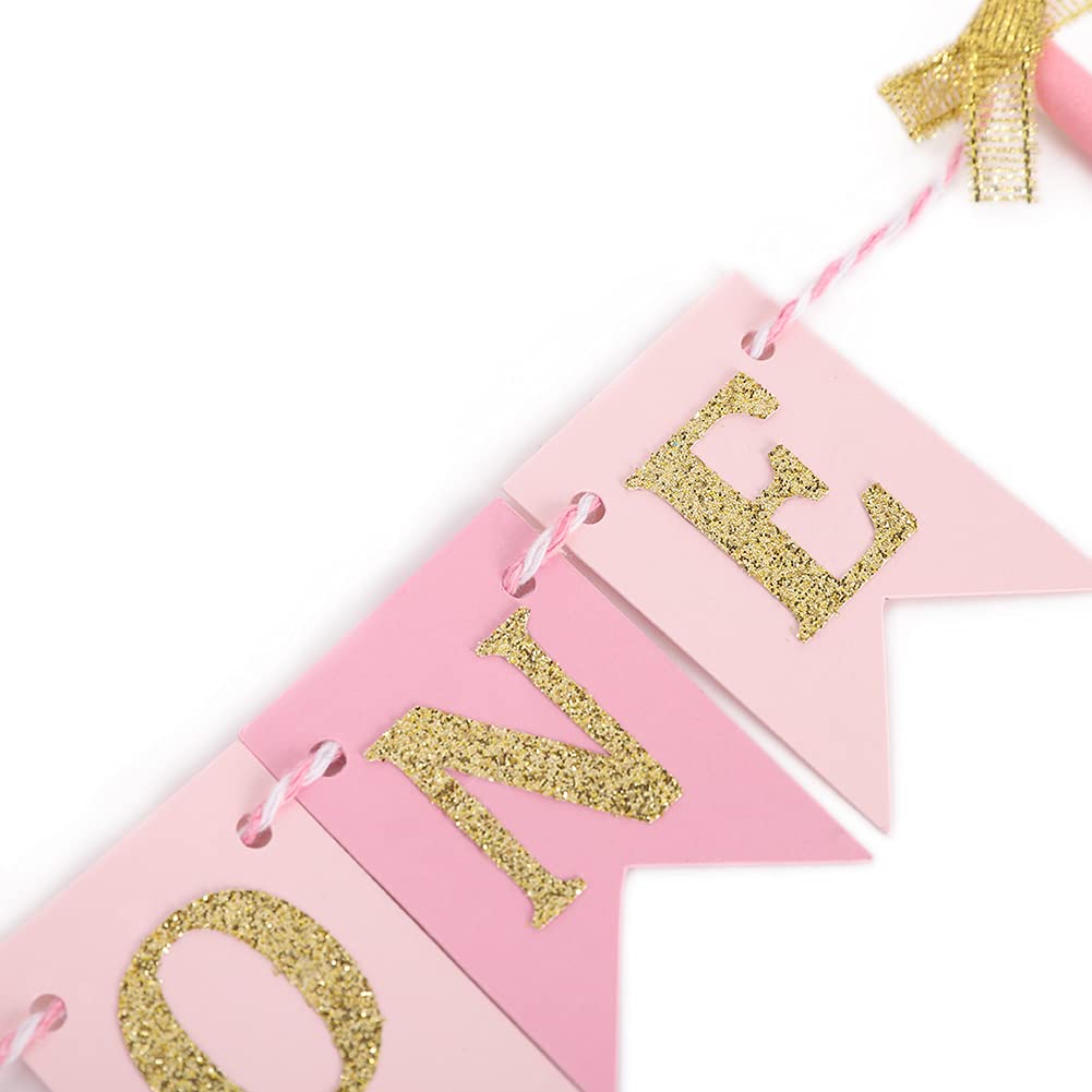 Pink and Gold 1st Birthday Cake Topper for Baby Girls - First Birthday Party Decorations, Cake Smash Banner, Paper Straw Cake Decor - Perfect for 1 Year Old Birthday Cakes, Baby Showers, and Photo Backdrops