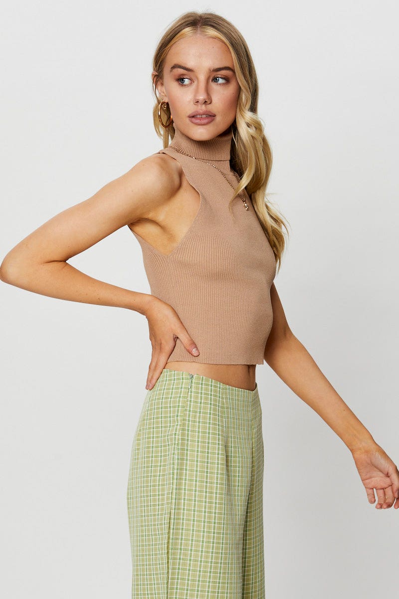 Beige Knit Sleeveless Turtleneck Top for Women - Casual Summer Wear, Layering Piece, Office Outfit & Date Night Fashion