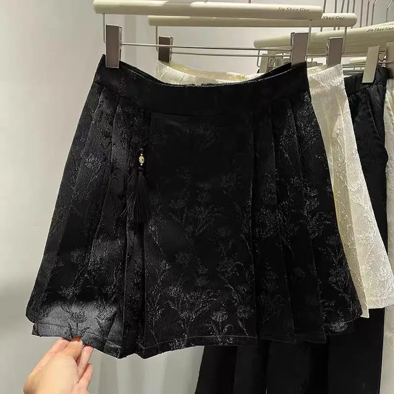 Beige Floral Embroidered Women's Pleated Skirt - 2024 New Chinese Style High Waist A-Line Retro Mini Skirt for Spring & Summer | Perfect for Casual Outings, Date Nights & Boho Fashion