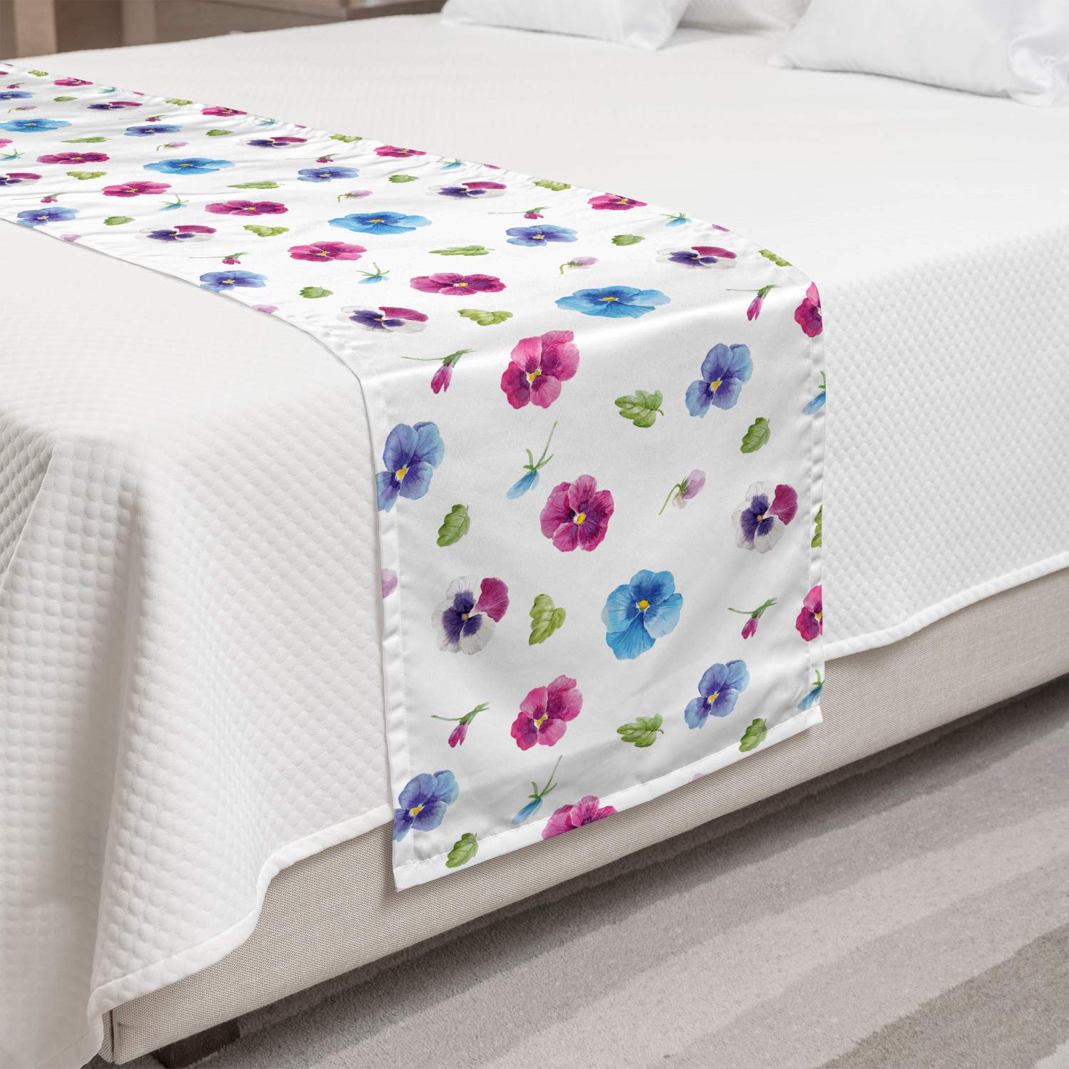 Ambesonne Floral Bed Runner - Romantic Watercolor Garden Design with Pansy Petals & Sprouts - Multicolor Decorative Bed Scarf for Hotels, Homes & Guest Rooms | Perfect for Bedroom Decor, Wedding Accents & Cozy Home Styling
