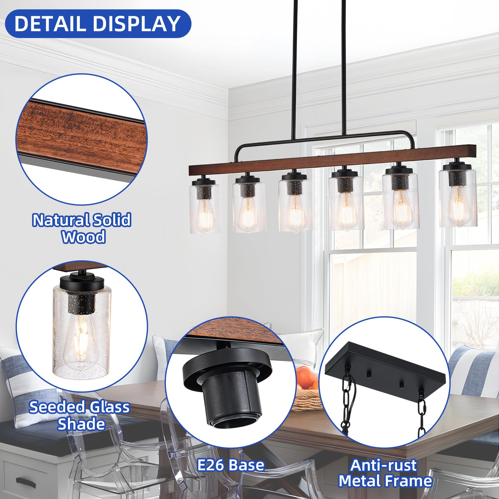 Rustic 6-Light Farmhouse Chandelier with Seeded Glass Shade - Wood Pendant Lighting for Dining Room, Kitchen Island & Table - Perfect for Country Style Home Decor & Cozy Gatherings