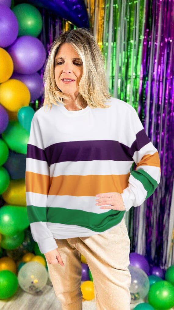 Women's Mardi Gras Shirt - Striped Fat Tuesday Tee for New Orleans Carnival Party - Long Sleeve Top for Festive Celebrations & Costume Parties