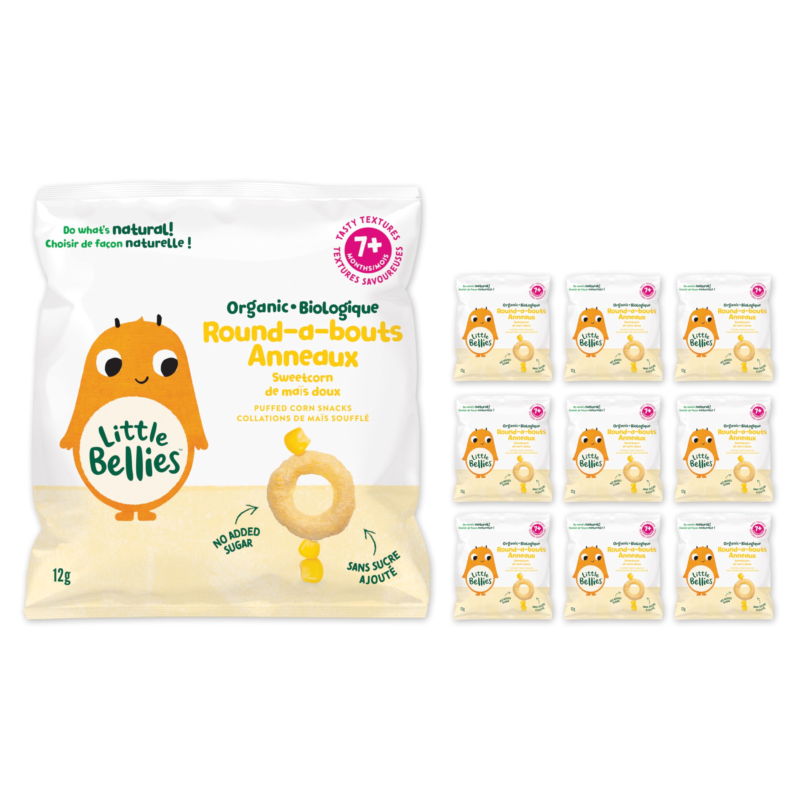 Organic Sweetcorn Round-a-Bouts Puffed Corn Snacks for Babies 7+ Months - Healthy & Delicious Baby Finger Food - 12g x 9 Bags - Perfect for On-the-Go Snacking & Teething Relief