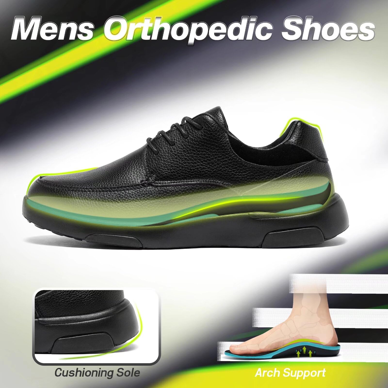 OrthoComfoot Men's Orthopedic Leather Dress Shoes - Arch Support Walking Sneakers for Plantar Fasciitis & Flat Feet Relief | Comfortable Business Casual Shoes for Heel Pain | Perfect for Office Work, Daily Walking & Travel
