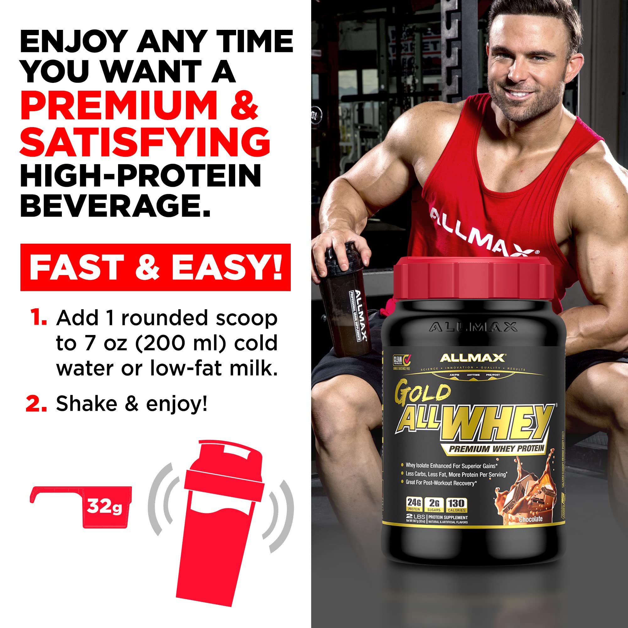 ALLMAX Nutrition Gold ALLWHEY Protein Powder, Chocolate Peanut Butter Flavor - 2 lb (24g Protein Per Scoop) | Gluten Free, Low Carb & Low Sugar Whey Protein Supplement | Post-Workout Recovery & Muscle Building for Athletes & Fitness Enthusiasts