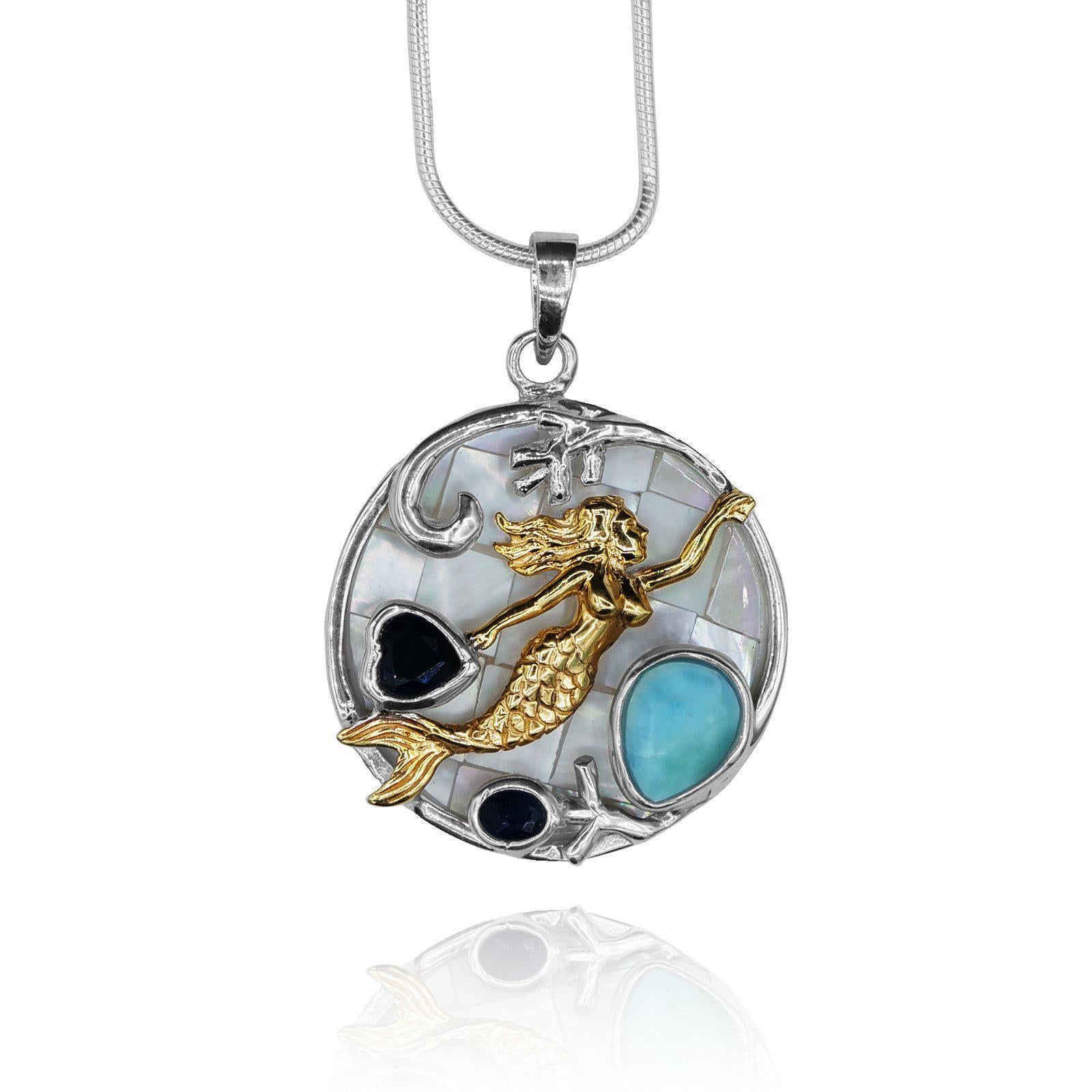 Larimar & Lapis Lazuli Mermaid Pendant Necklace with Mother of Pearl - Perfect for Beach Vacations, Boho Jewelry & Gift Giving