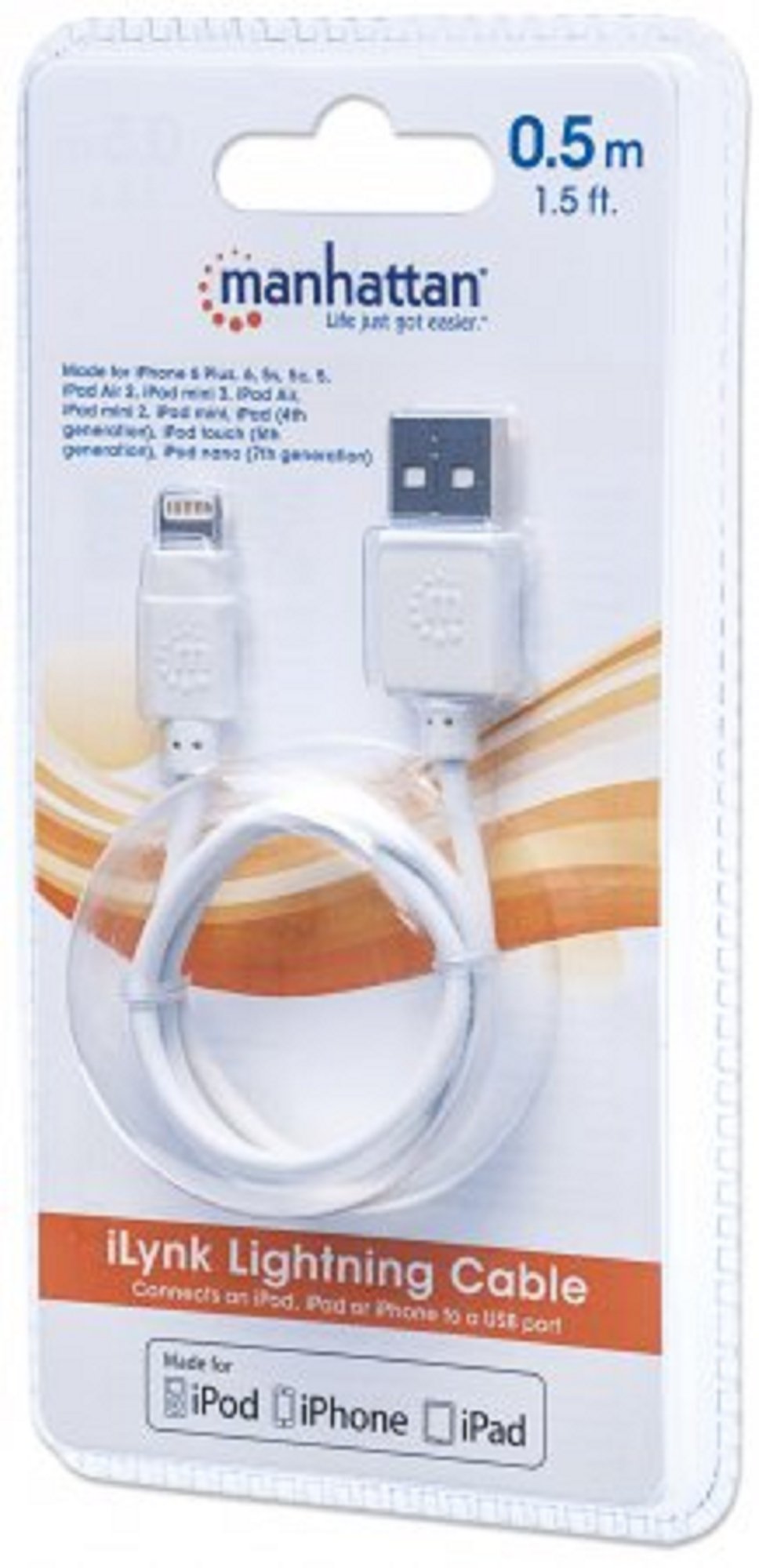 Premium Manhattan iLynk Lightning Cable - 0.5M (1.5ft) White MFi Certified Fast Charging Cable for iPhone 14/13/12/11/X/8/7 & More - Perfect for Home, Office & Travel Charging