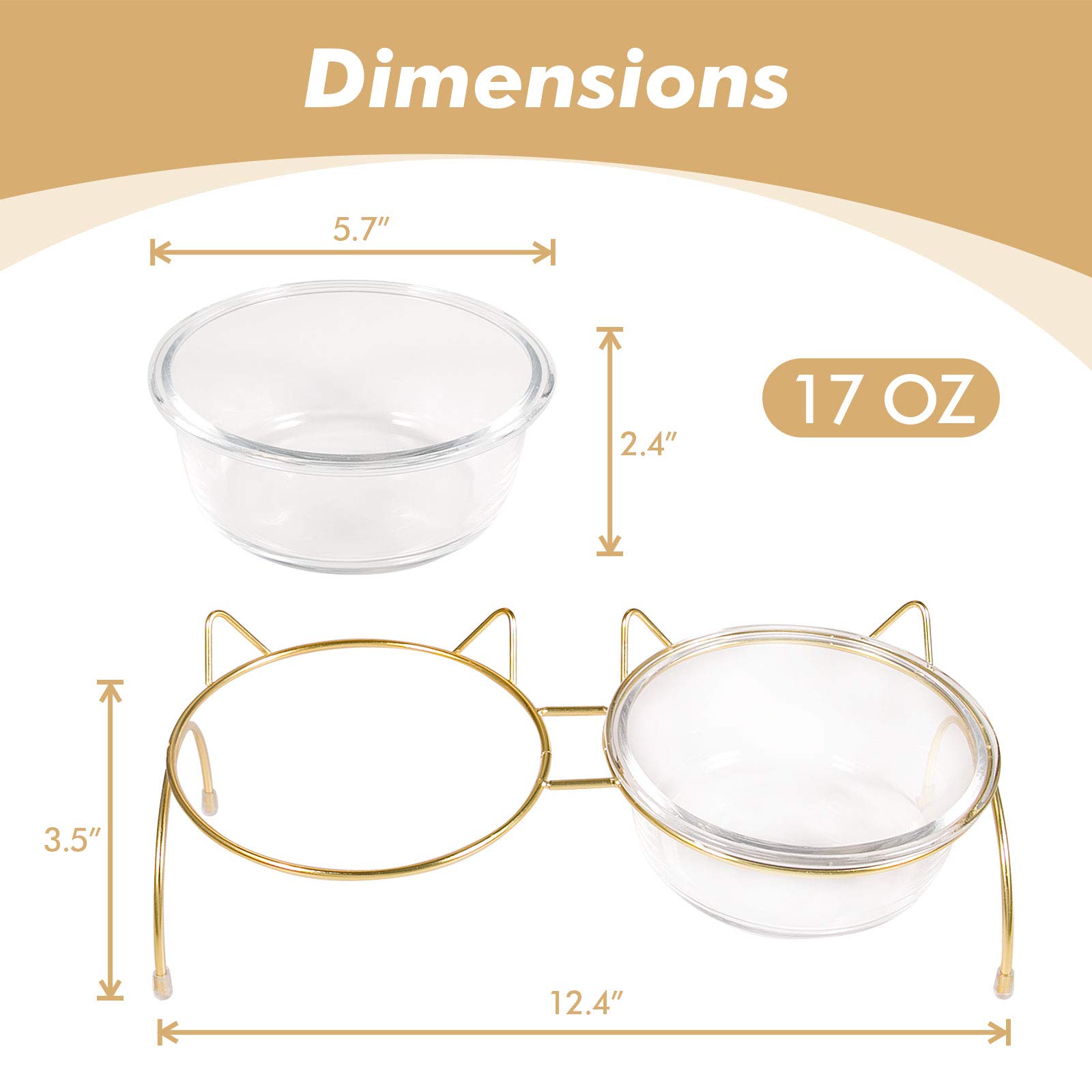 Elevated Cat Food and Water Bowls Set - 17oz Raised Pet Bowls with Stand for Cats & Dogs - Durable Glass Bowls Dishwasher Safe - Perfect for Home, Kitchen or Travel Use