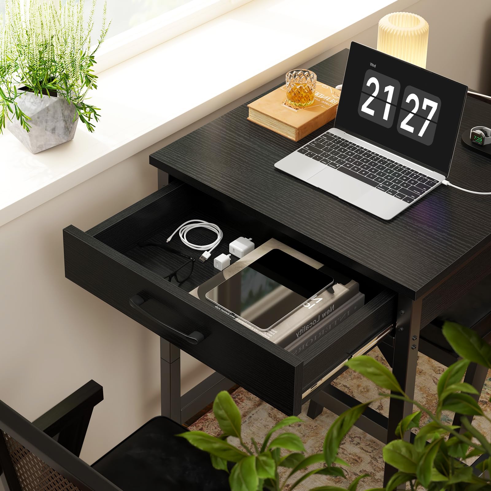 24x24 Inch Modern Bar Table with Power Outlets & Storage - Counter Height Pub Table with Sturdy Metal Legs - Black Kitchen & Dining High Top Table for Home, Restaurant, Bar or Office Use