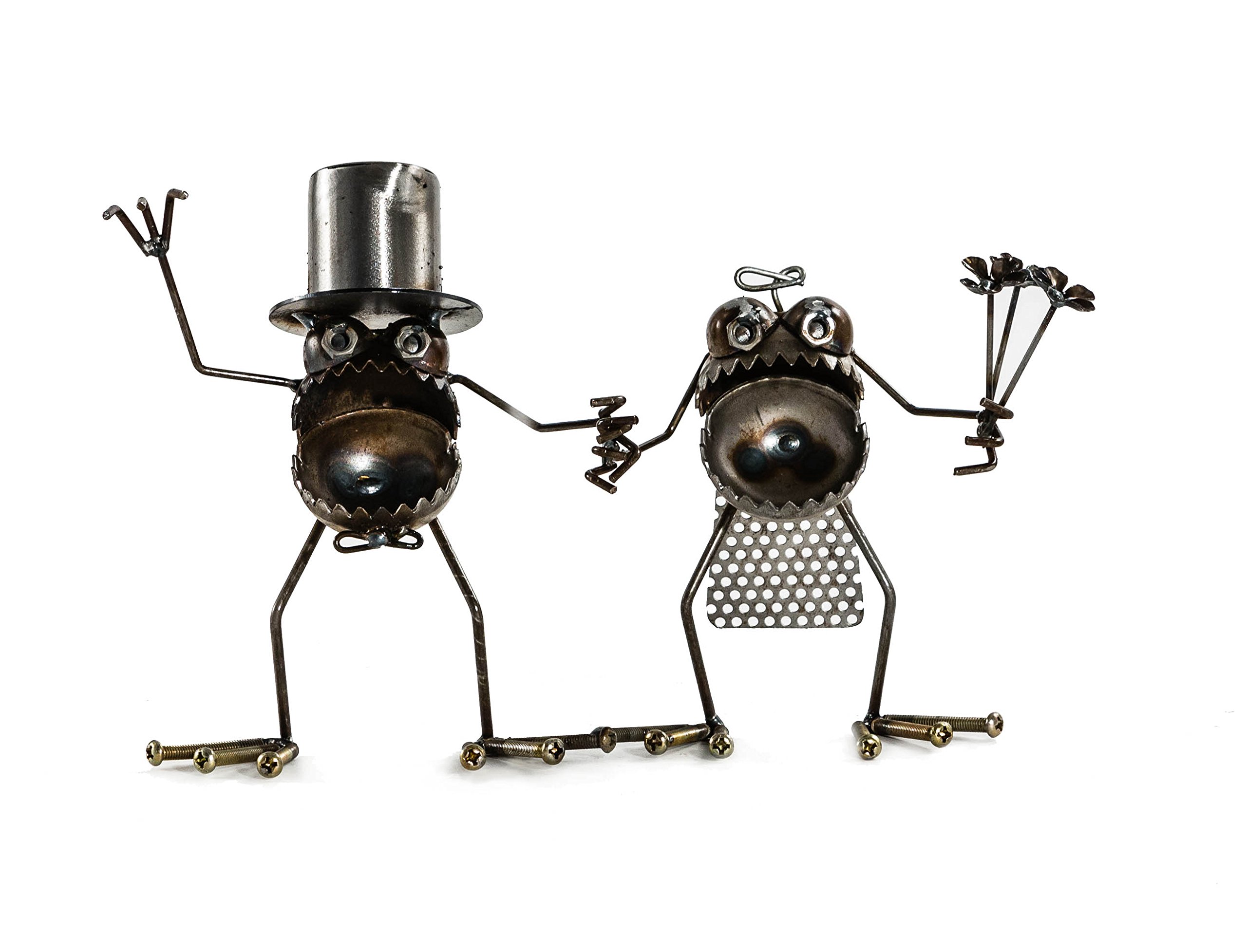 Handmade Scrap Metal Wedding Cake Topper - Sugarpost Gnome Be Gone Mini Couple Sculpture #1080 | Unique Rustic Wedding Decor, Anniversary Gift, or Home Decoration