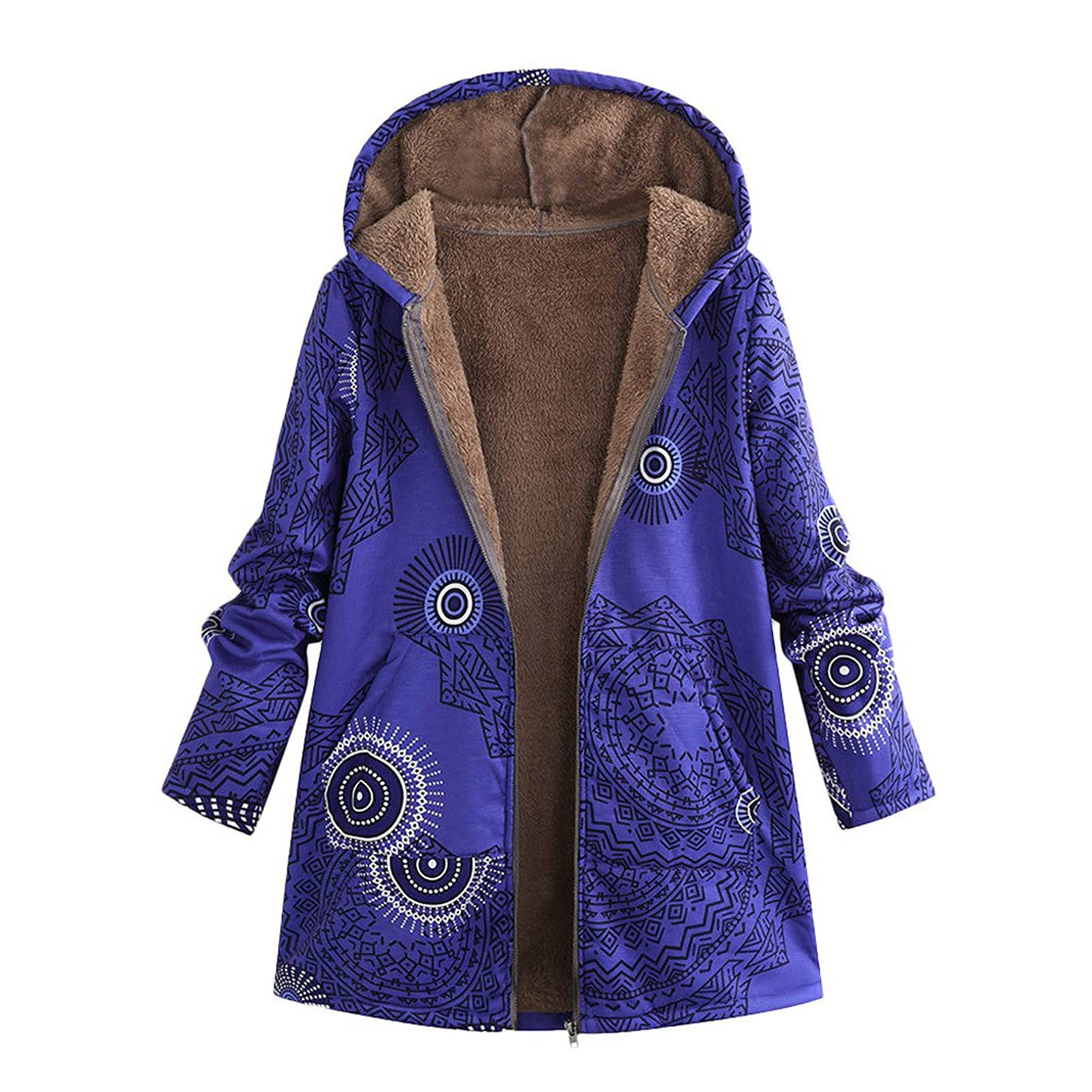 Women's Fleece Winter Jacket - Soft Plush Hooded Coat with Pockets, Warm Printed Outerwear for Casual & Outdoor Activities
