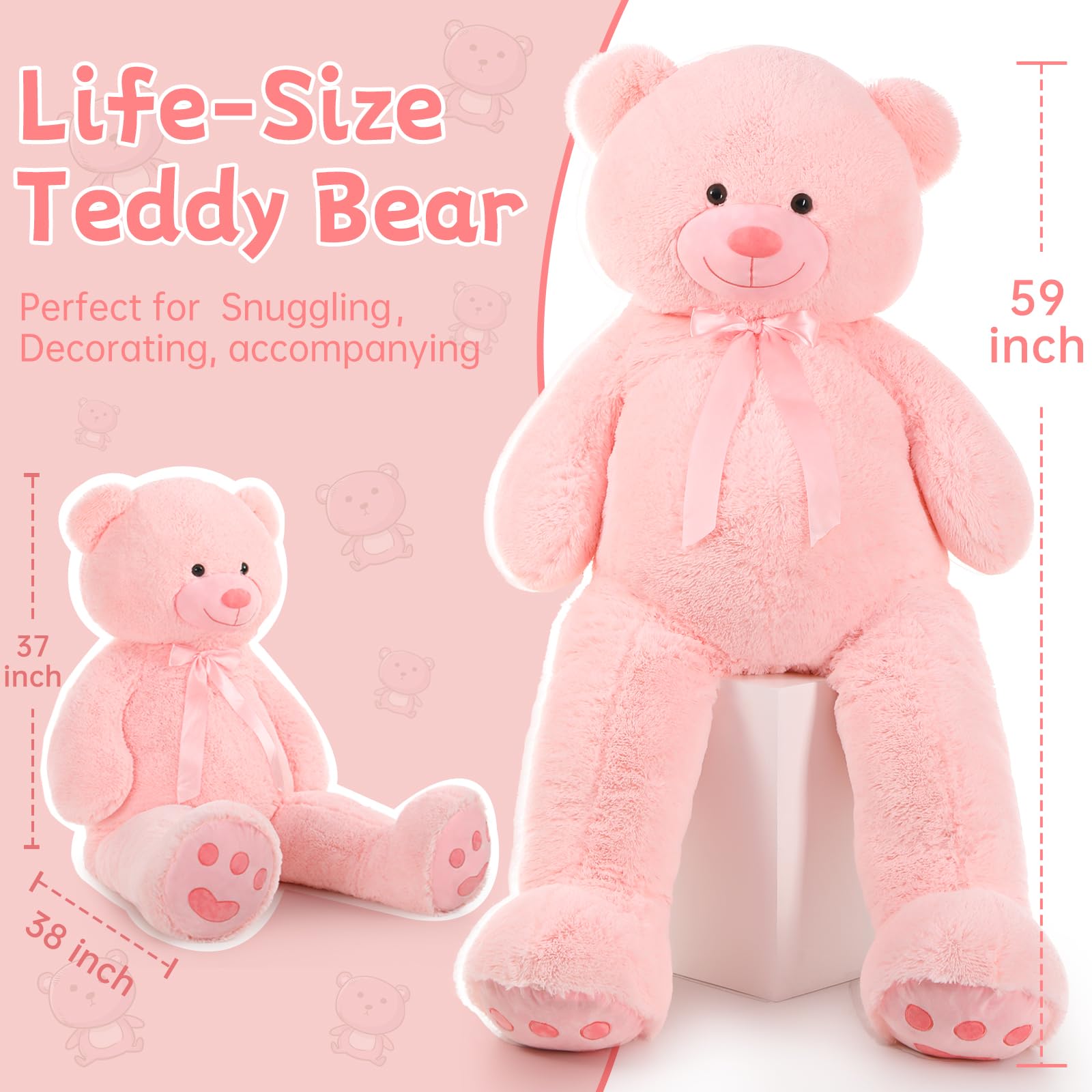 5 Feet Giant Pink Teddy Bear - Soft Lifesize Stuffed Animal Plush Toy for Valentine's Day, Birthday Gifts for Women, Girlfriend, Boyfriend, Kids | Perfect for Bedroom Decor, Cuddling, Surprise Gifts & Photo Props