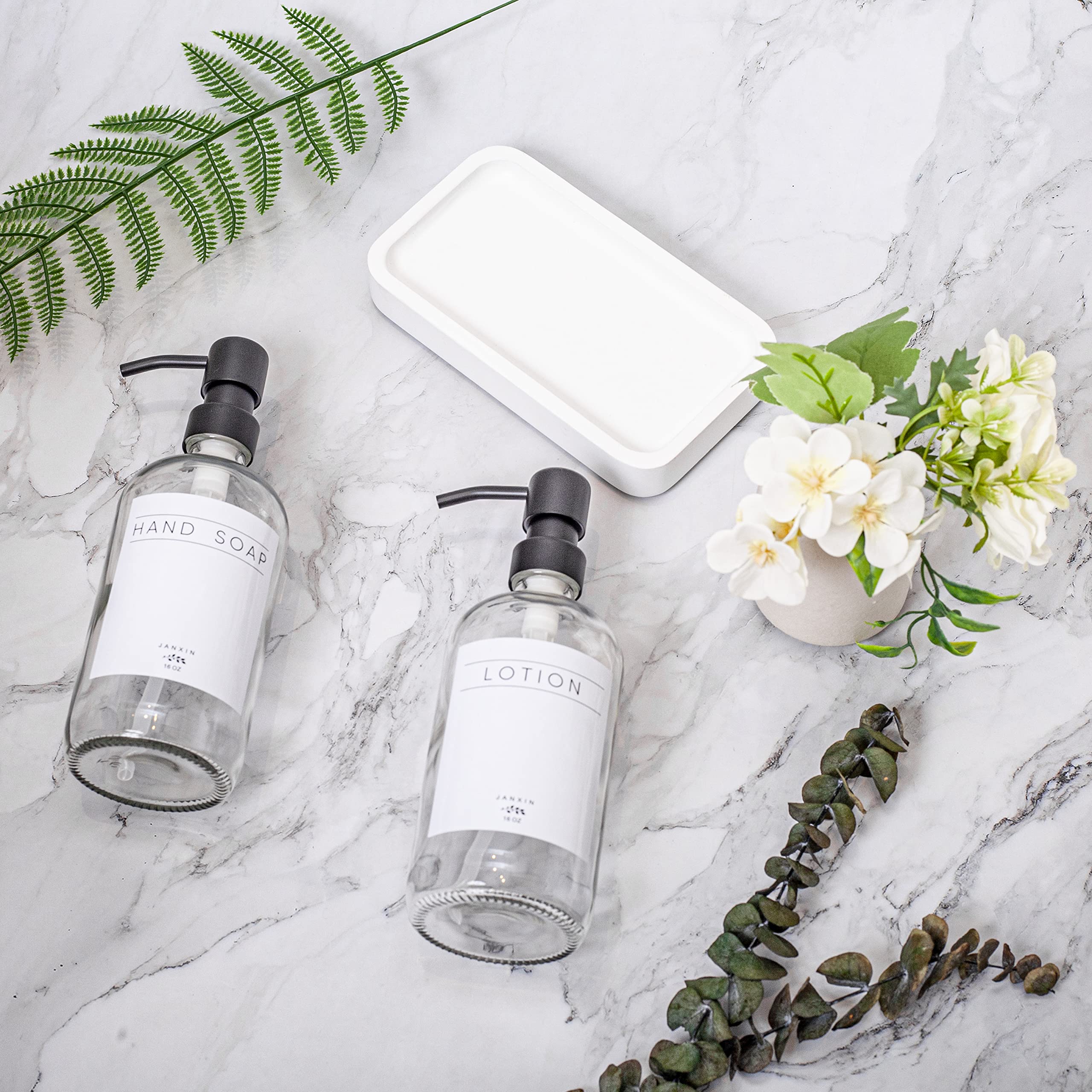 Elegant Clear Glass Soap Dispenser with Stainless Steel Pump & Wood Tray - Hand Soap Dispenser for Kitchen, Bathroom, Sink Countertop - Modern Home Decor Set (White Wood Tray + Black Pump) - Perfect for Farmhouse, Apartment & Office Use
