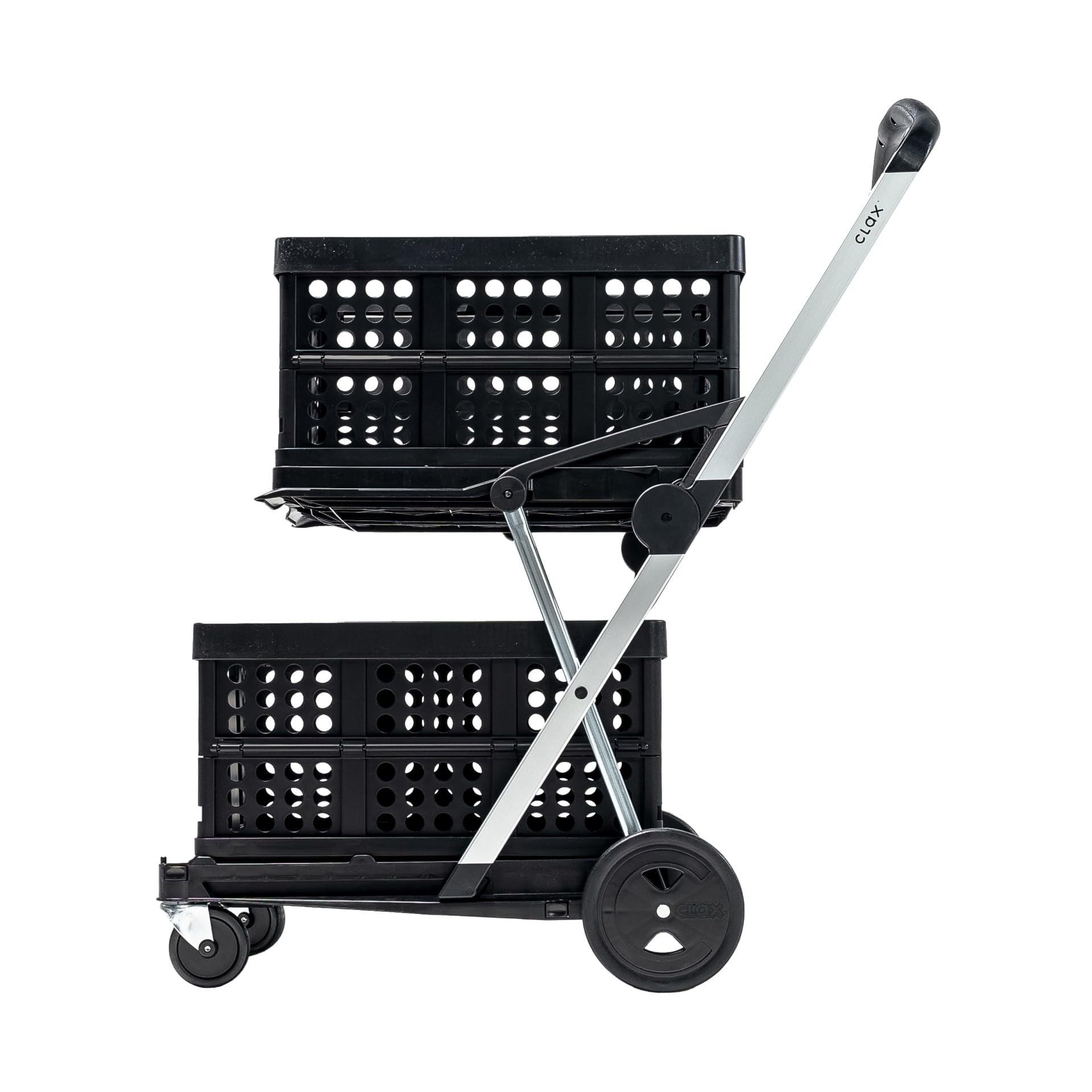 CLAX® The Original German-Made Multi-Use Collapsible Utility Cart - Foldable Mobile Trolley with 2 Storage Bins for Shopping, Storage & Transport (Black) | Perfect for Groceries, Warehouse, Camping & Home Organization