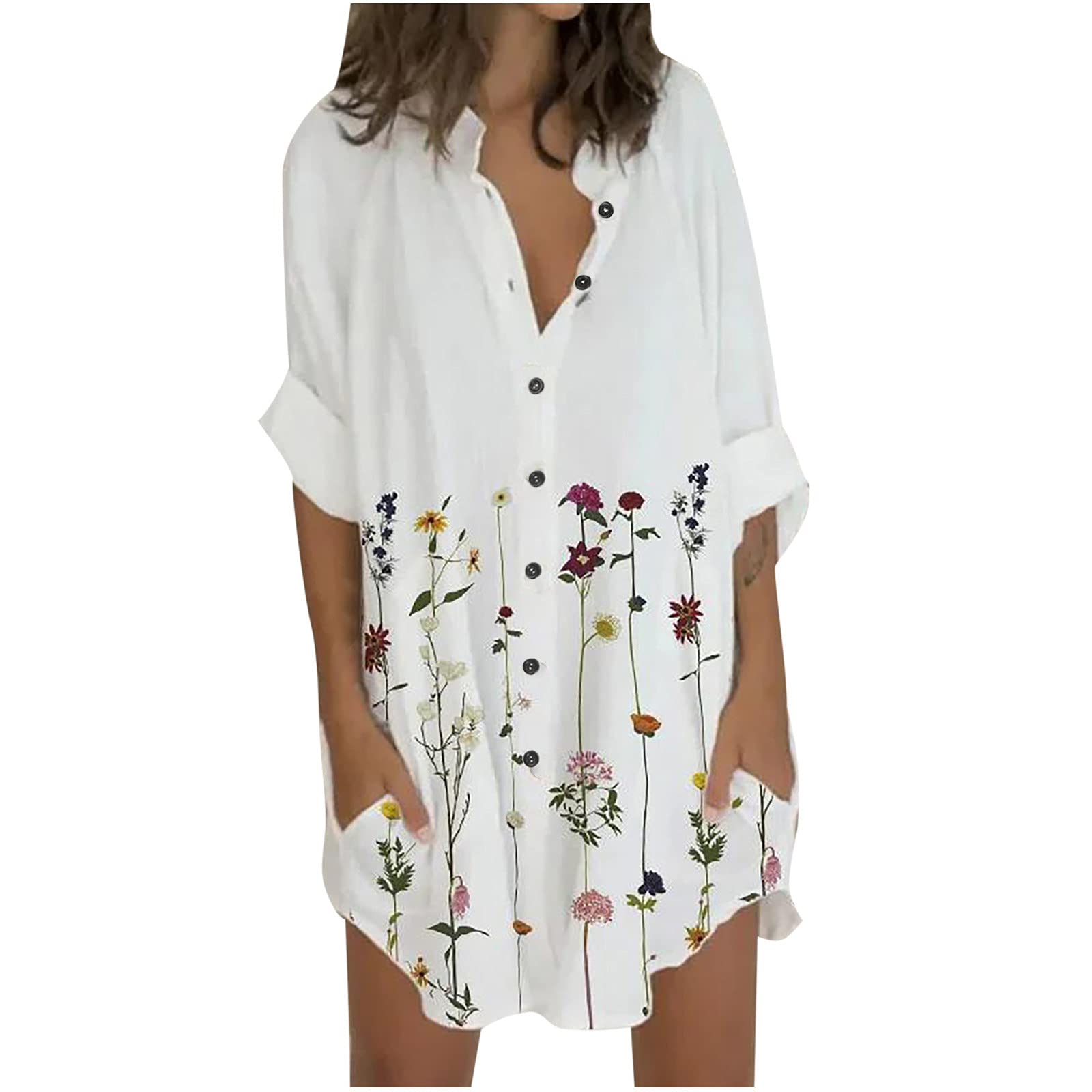 Women's Floral 3/4 Sleeve V-Neck Button Down Shirt Dress with Pockets - Beach Cover Up & Casual Midi Dress for Summer Outings, Vacations and Office Wear